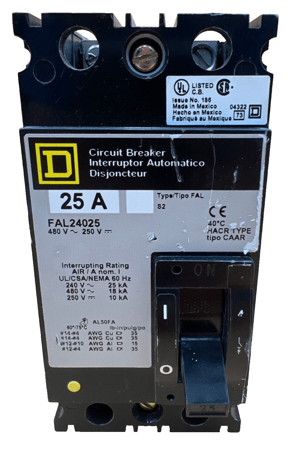 25 Amps, Square D #FAL24025, Circuit Breaker, 2-Pole, 480 Volts, Lug to Lug