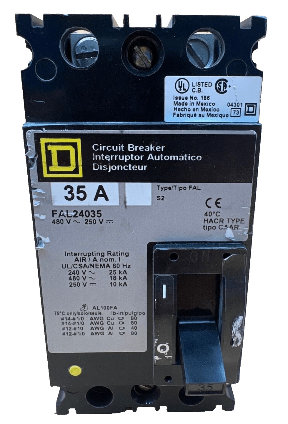 35 Amps, Square D #FAL24035, Circuit Breaker, 2-Pole, 480 Volts, Lug to Lug