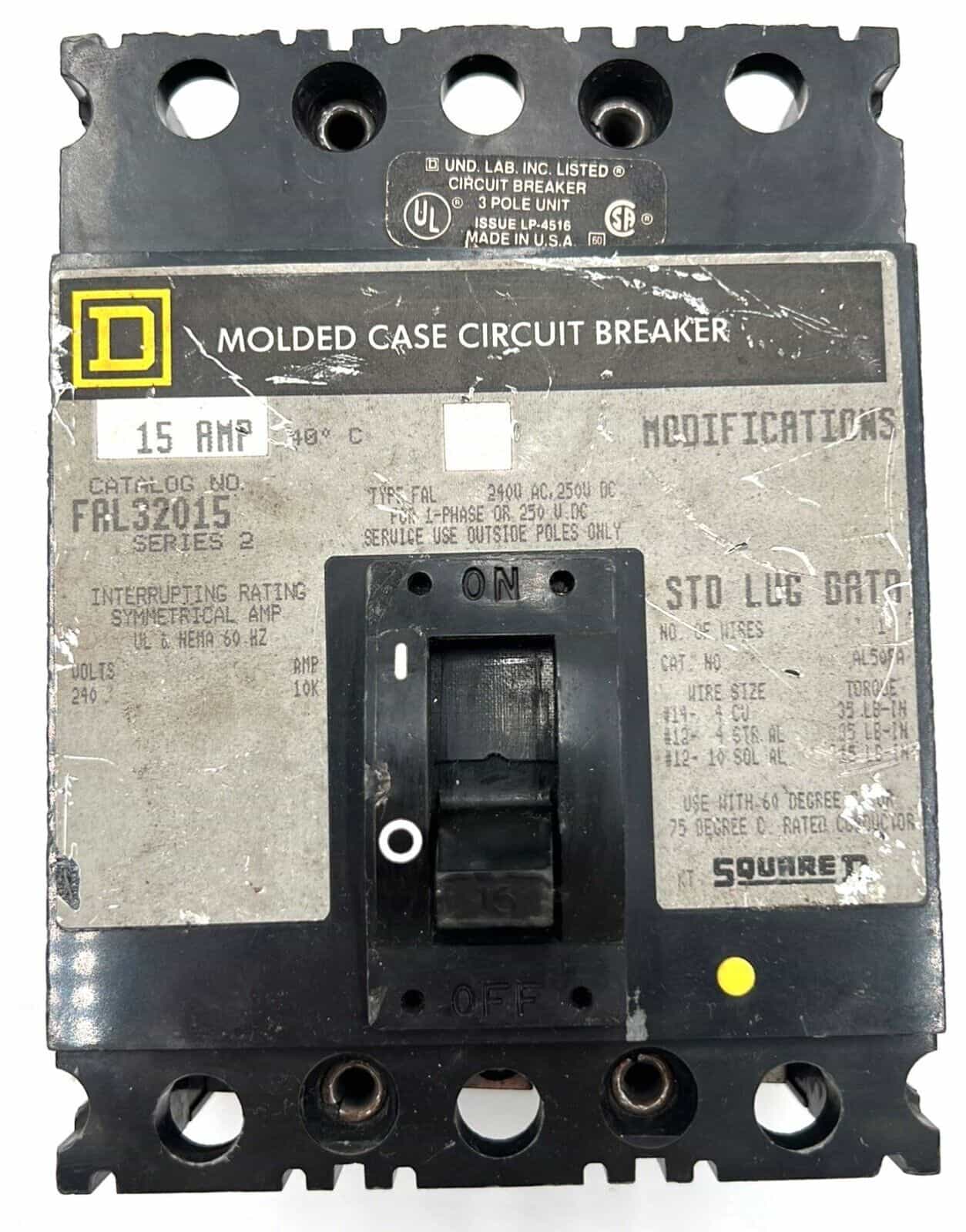 15 Amps, Square D #FAL32015, Circuit Breaker, 3-Pole, 240 Volts, Bolt-On