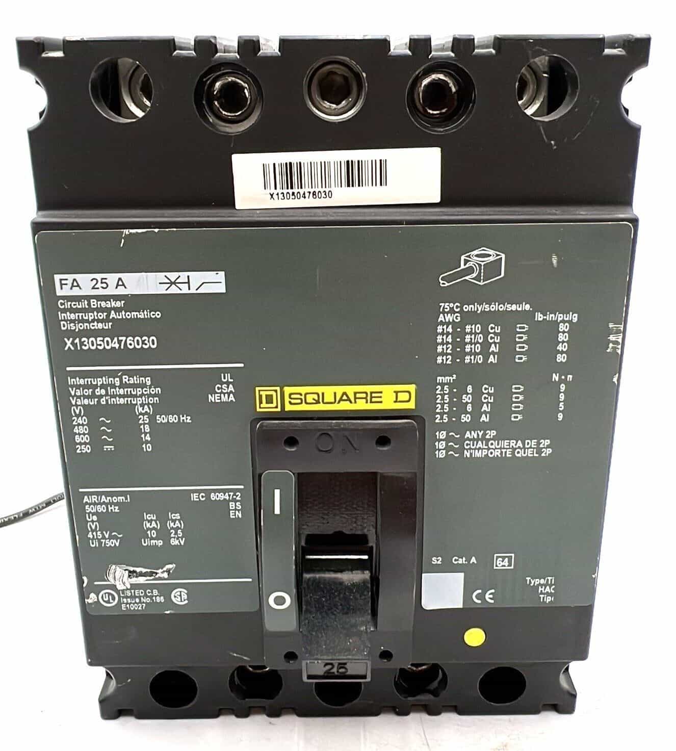 25 Amps, Square D #FAL36025188, Circuit Breaker, 3-Pole, 600 Volts
