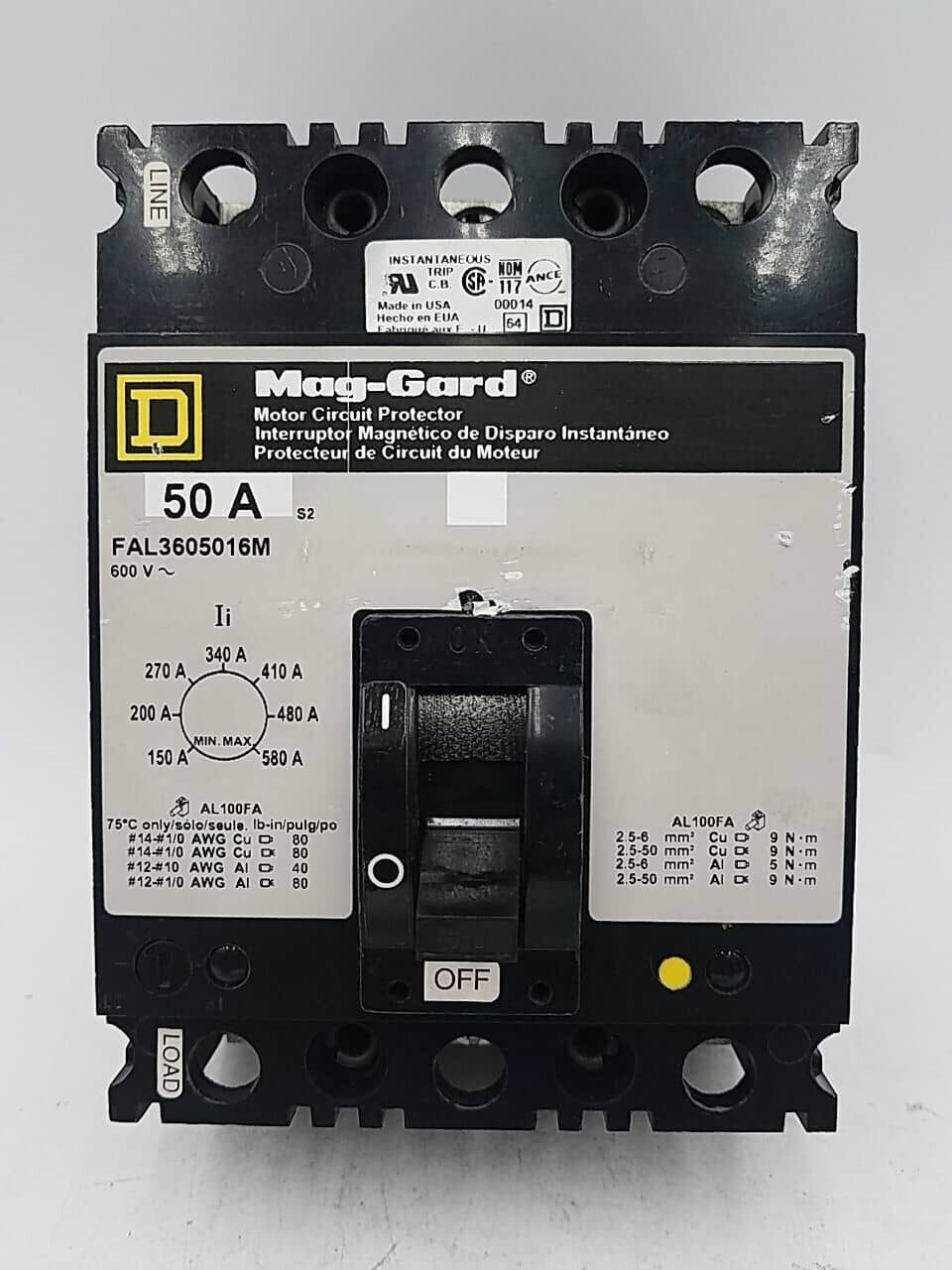 50 Amps, Square D #FAL3605016M, Circuit Breaker, 3-Pole, 600 Volts, Bolt-On