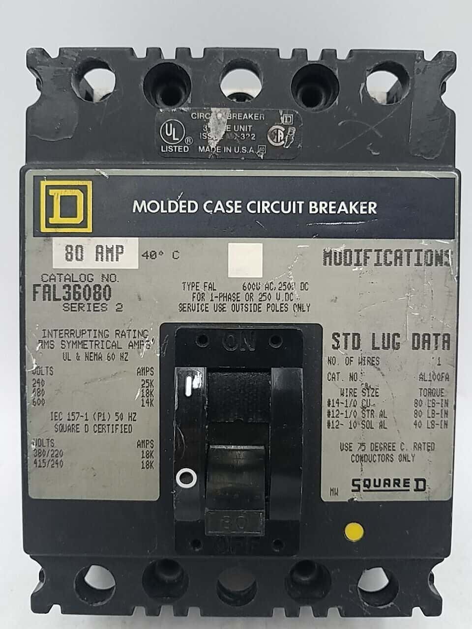 80 Amps, Square D #FAL36080, Circuit Breaker, 3-Pole, 600 Volts, Bolt-On