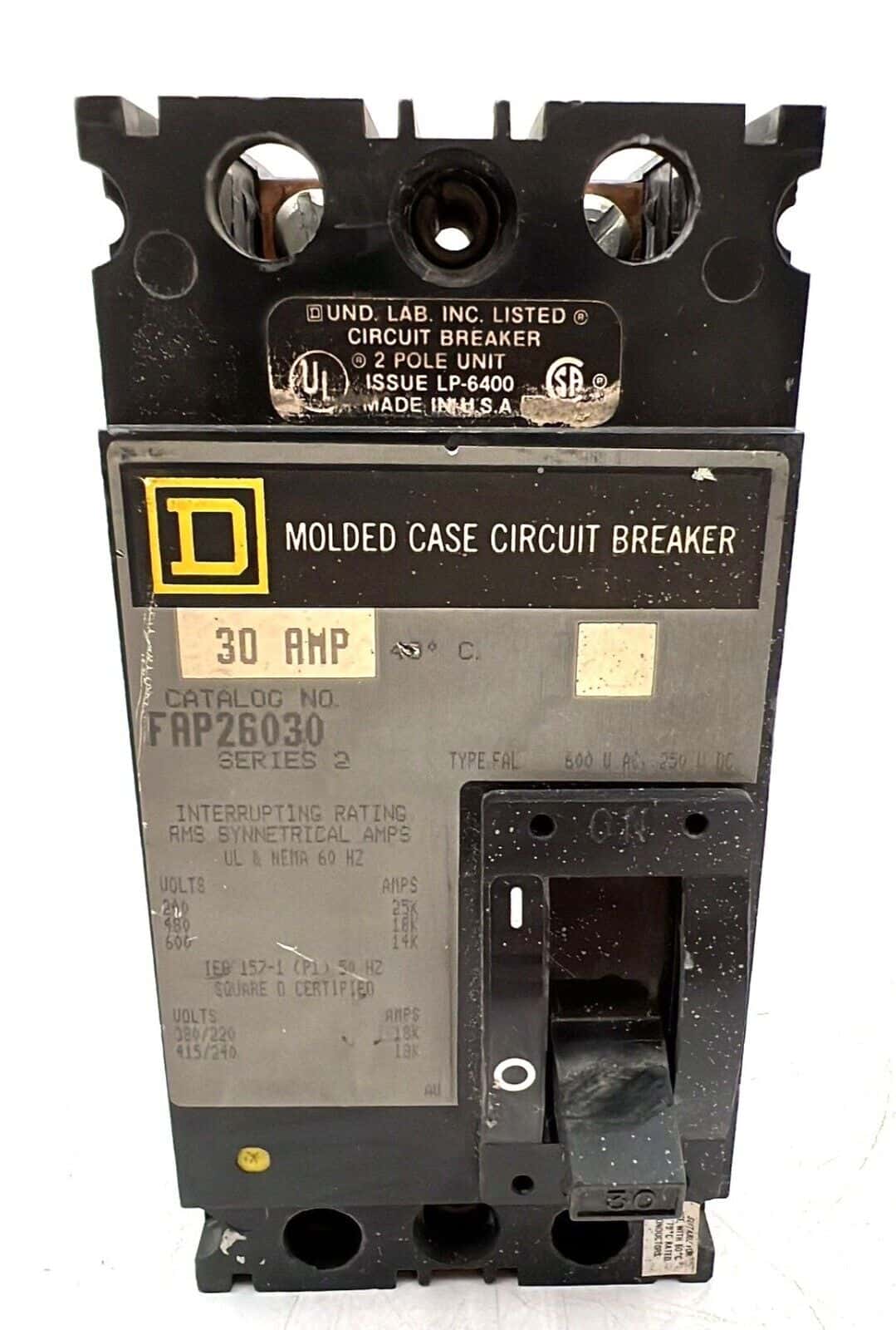 30 Amps, Square D #FAP26030, Circuit Breaker, 2-Pole, 600 Volts, Bolt-On