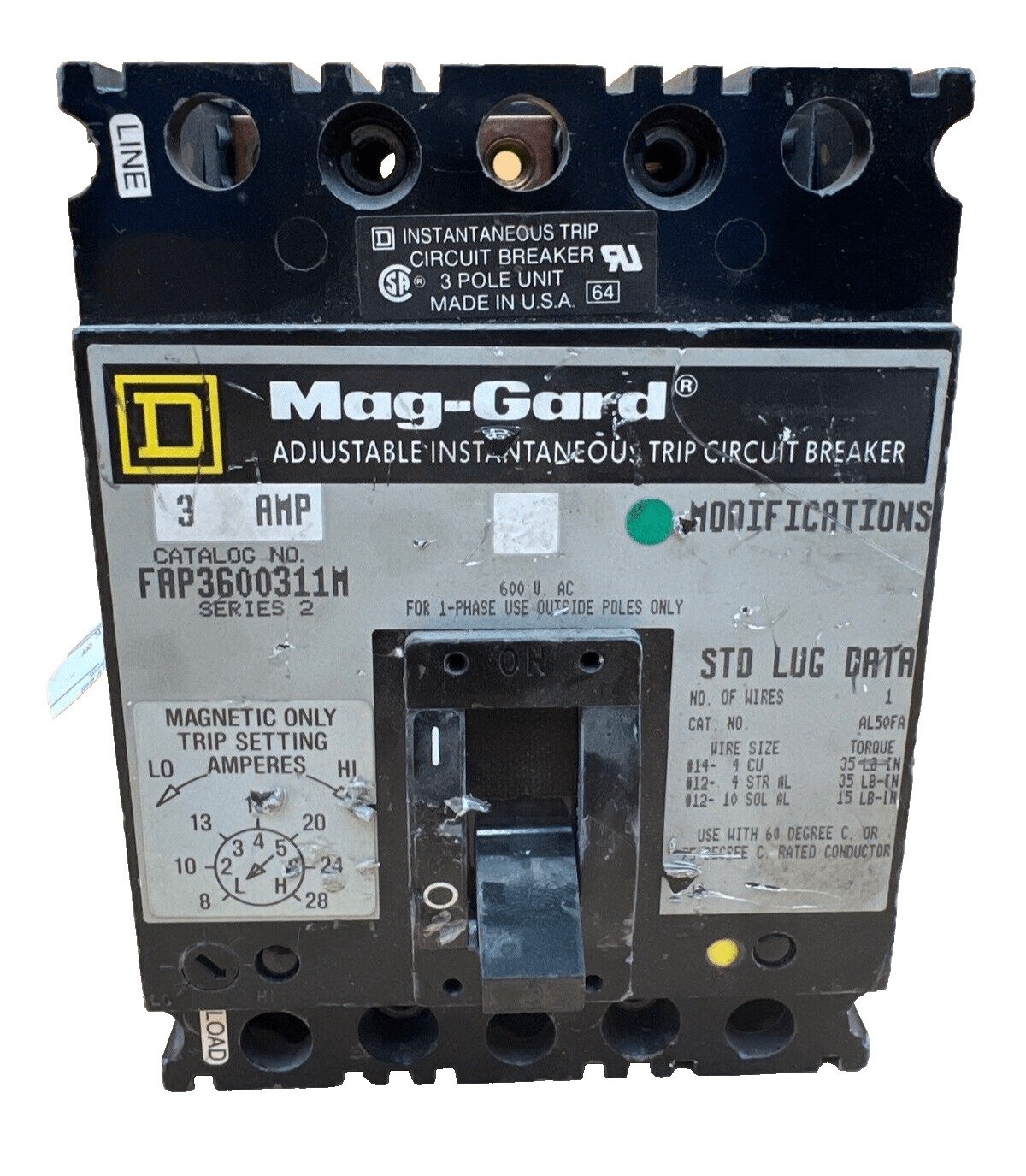 3 Amps, Square D #FAP3600311M, Circuit Breaker, 3-Pole, 600 Volts, Bolt-On