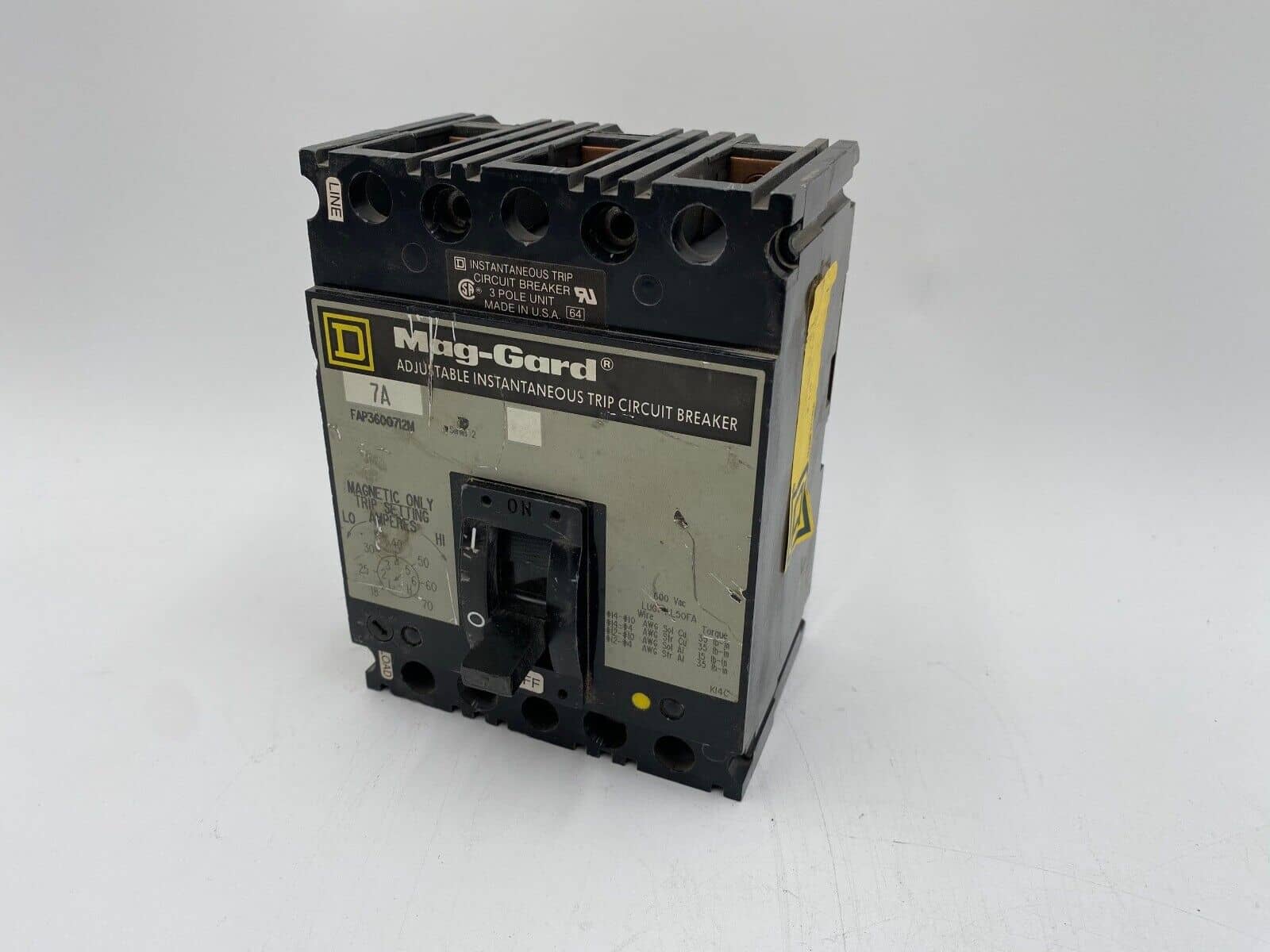 7 Amps, Square D #FAP3600712M, Circuit Breaker, 3-Pole, 600 Volts, Bolt-On