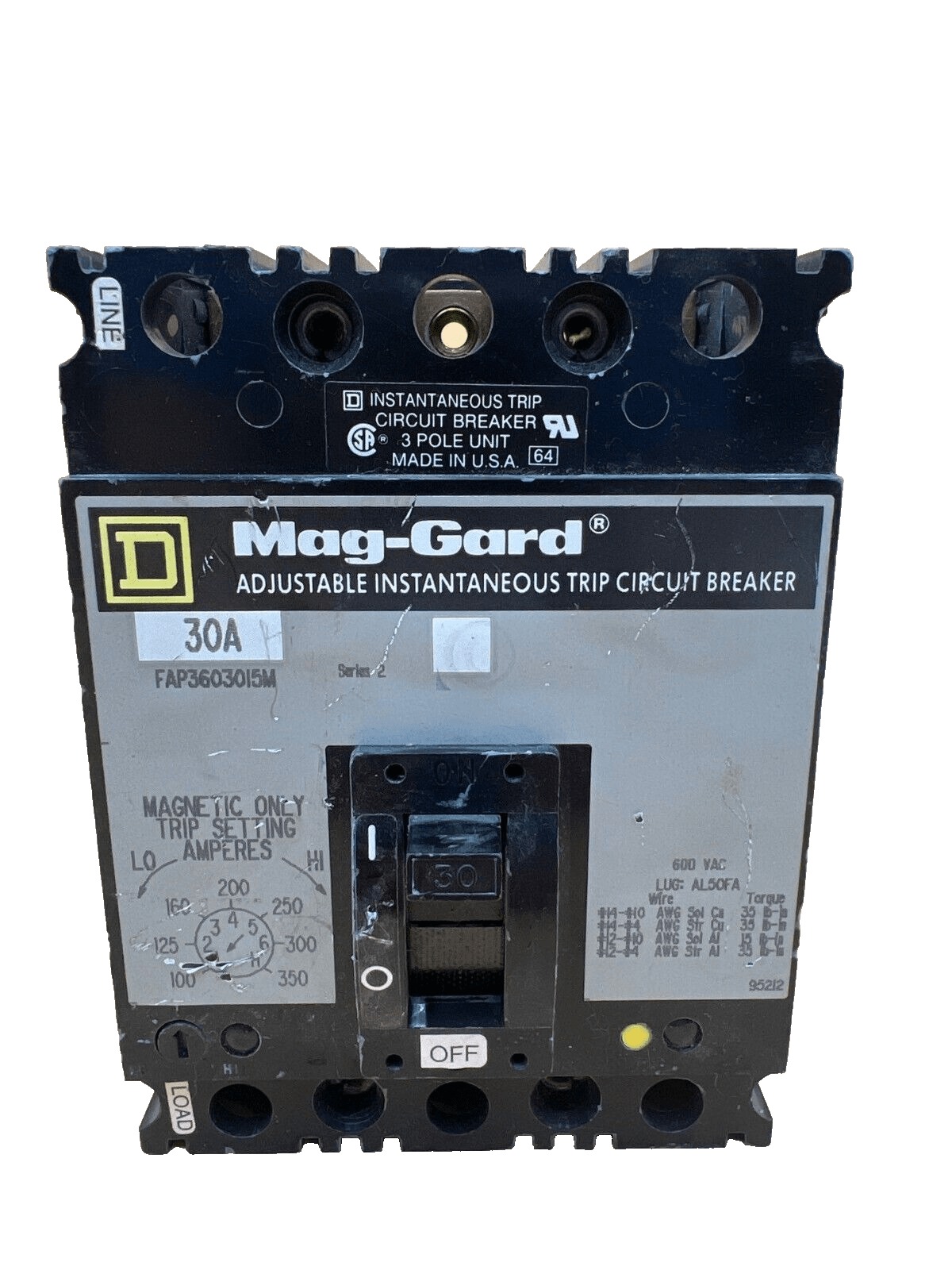 30 Amps, Square D #FAP3603015M, Circuit Breaker, 3-Pole, 600 Volts, Lug to Lug