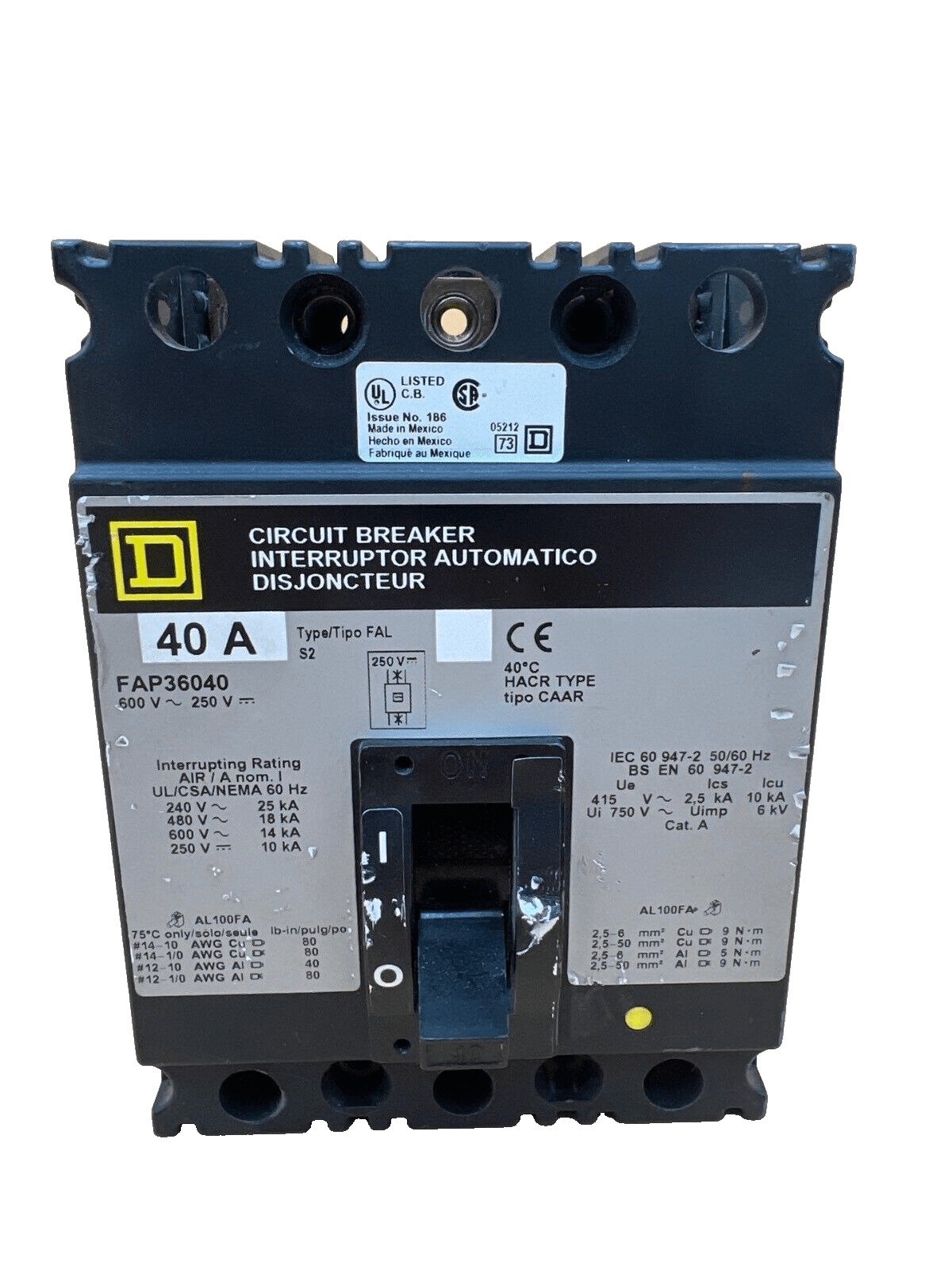 40 Amps, Square D #FAP36040, Circuit Breaker, 3-Pole, 600 Volts, Lug to Lug