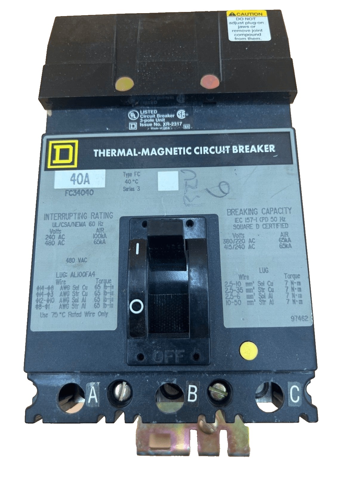 40 Amps, Square D #FC-34040, I-Line Circuit Breaker, 3-Pole, 480 Volts