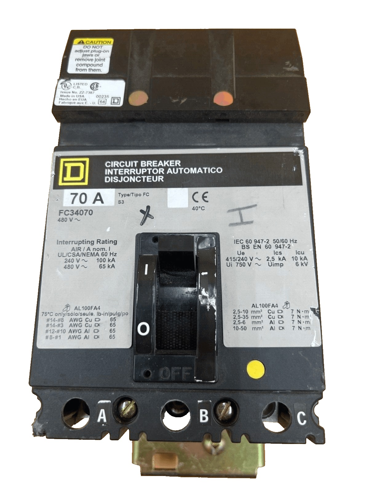 70 Amps, Square D #FC34070, I-Line Circuit Breaker, 3-Pole, 480 Volts