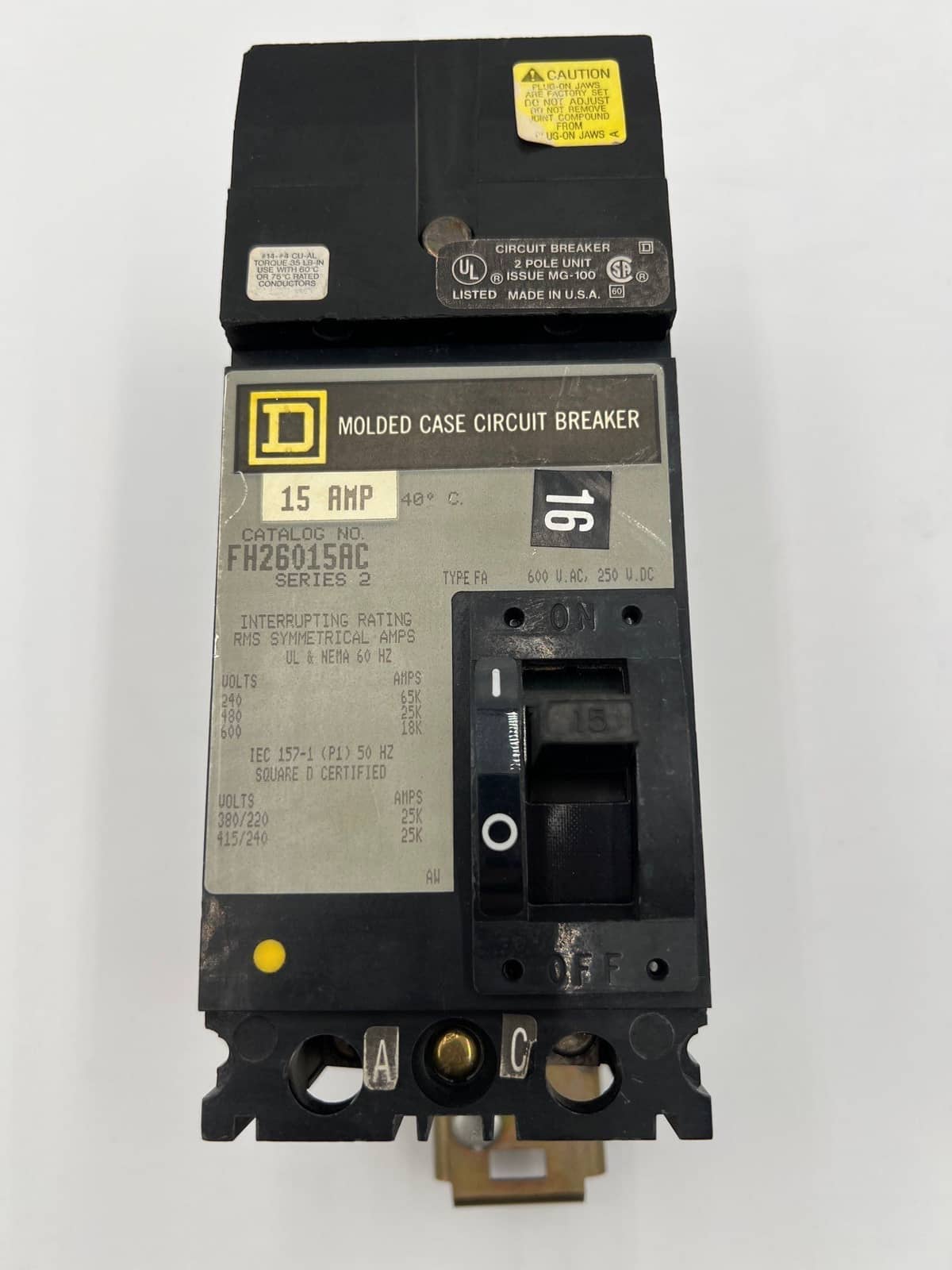15 Amps, Square D #FH26015AC, I-Line Circuit Breaker, 2-Pole, 600 Volts