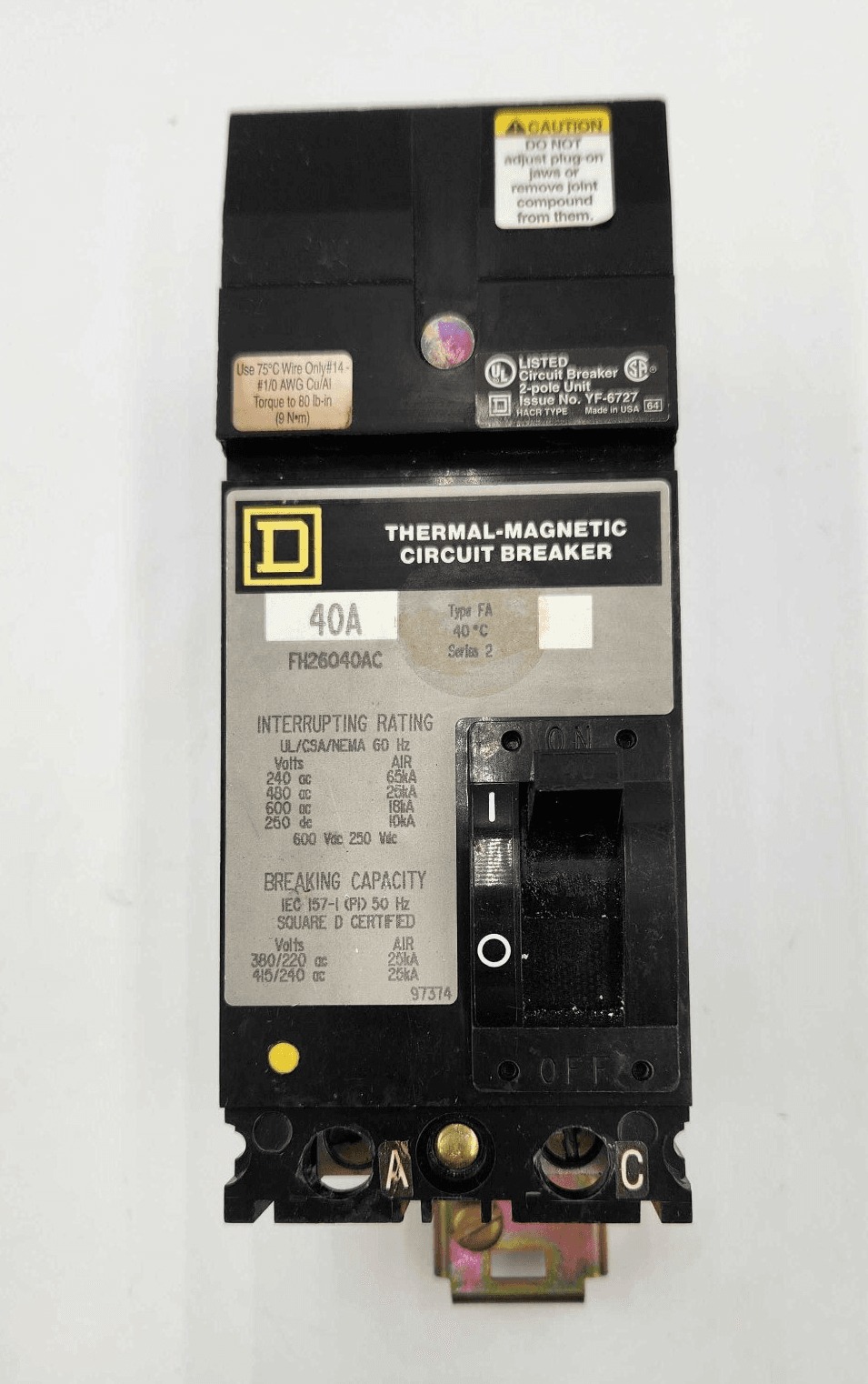 40 Amps, Square D #FH26040AC, I-Line Circuit Breaker, 2-Pole, 600 Volts
