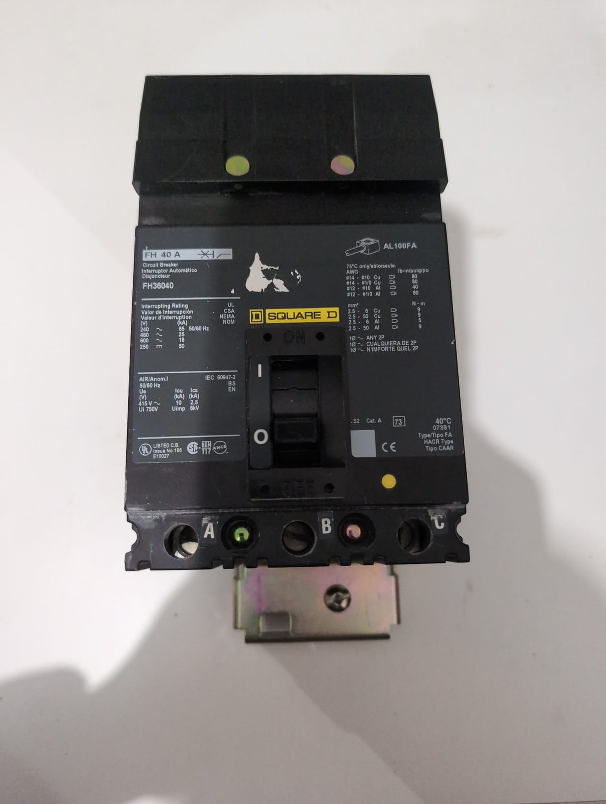 40 Amps, Square D #FH36040, I-Line Circuit Breaker, 3-Pole, 600 Volts