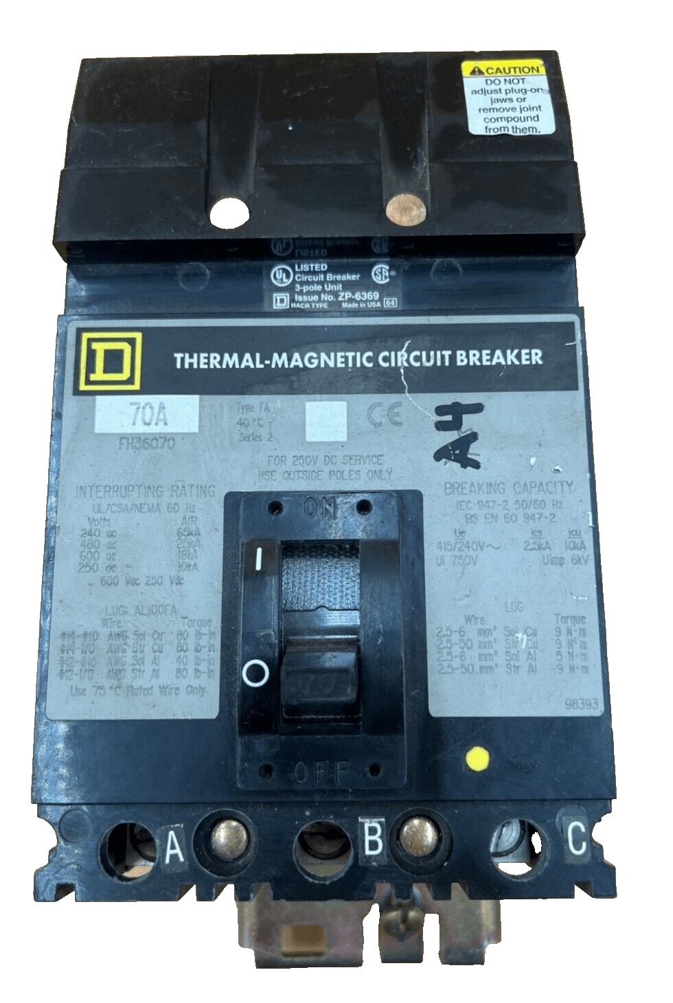 70 Amps, Square D #FH36070, I-Line Circuit Breaker, 3-Pole, 600 Volts