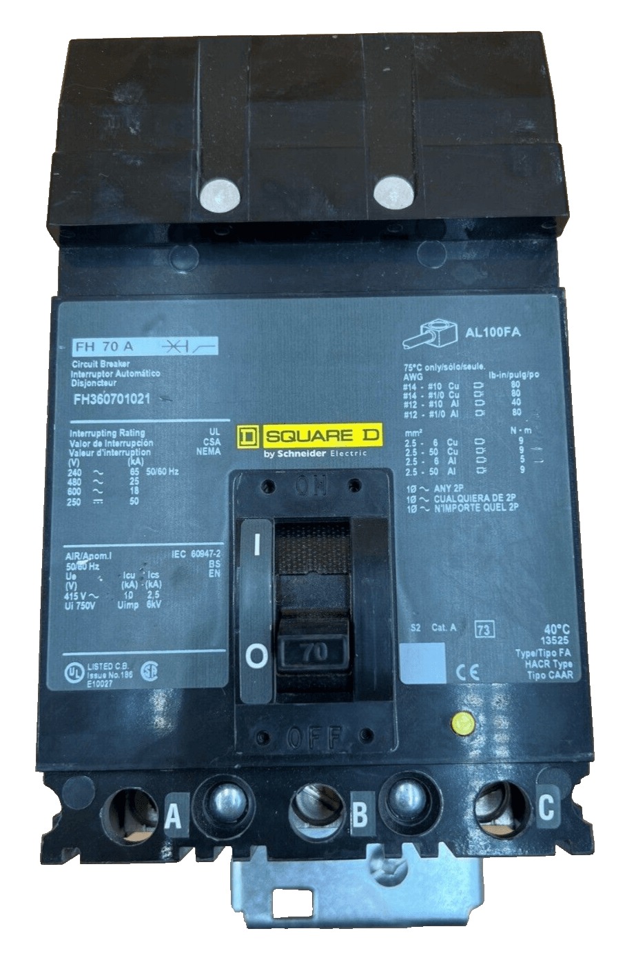 70 Amps, Square D #FH360701021, I-Line Circuit Breaker, 3-Pole, 600 Volts