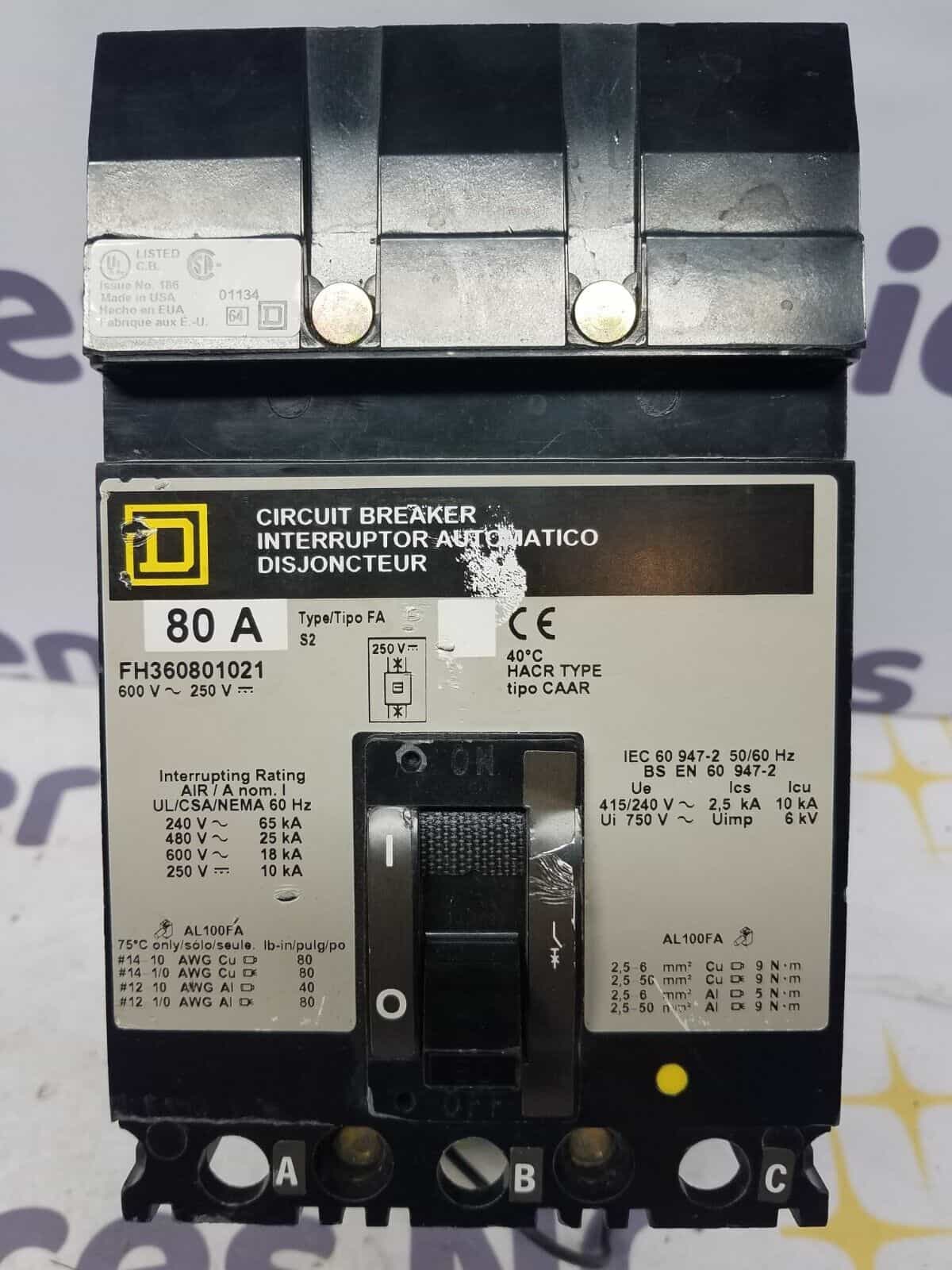 80 Amps, Square D #FH360801021, I-Line Circuit Breaker, 3-Pole, 600 Volts