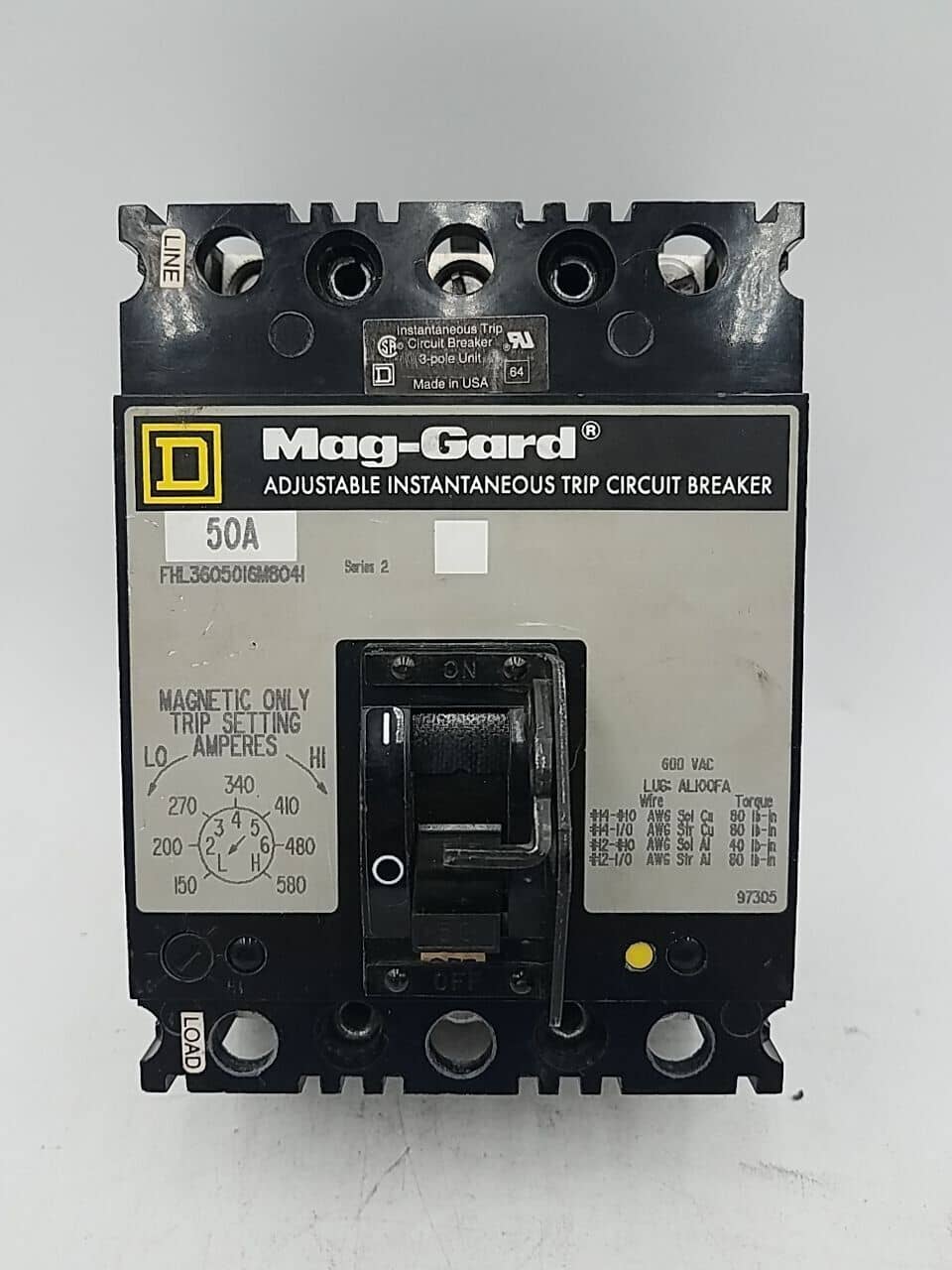 50 Amps, Square D #FHL3605016M8041, Circuit Breaker, 3-Pole, 600 Volts, Bolt-On