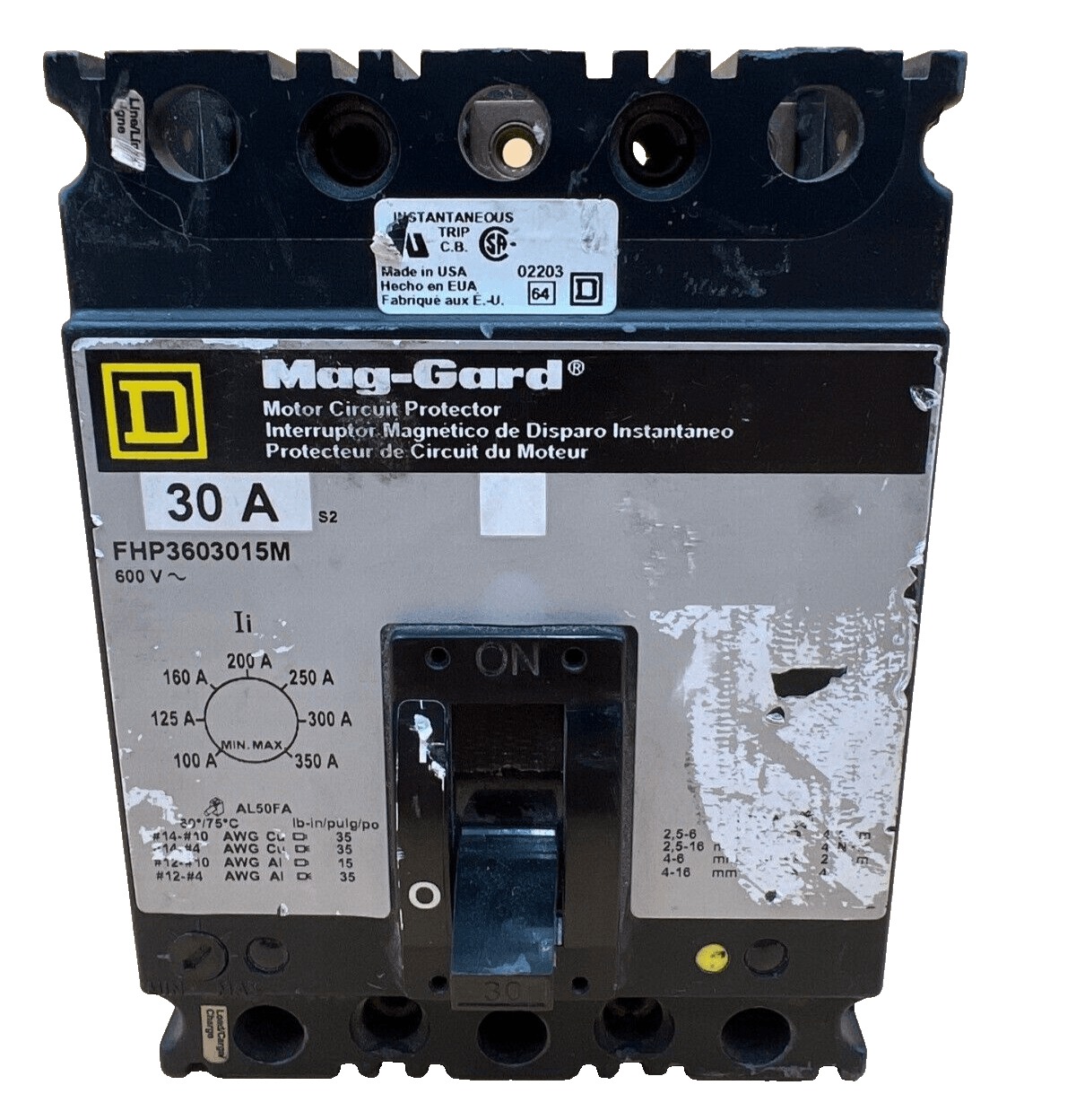 30 Amps, Square D #FHP3603015M, Circuit Breaker, 3-Pole, 600 Volts, Lug to Lug