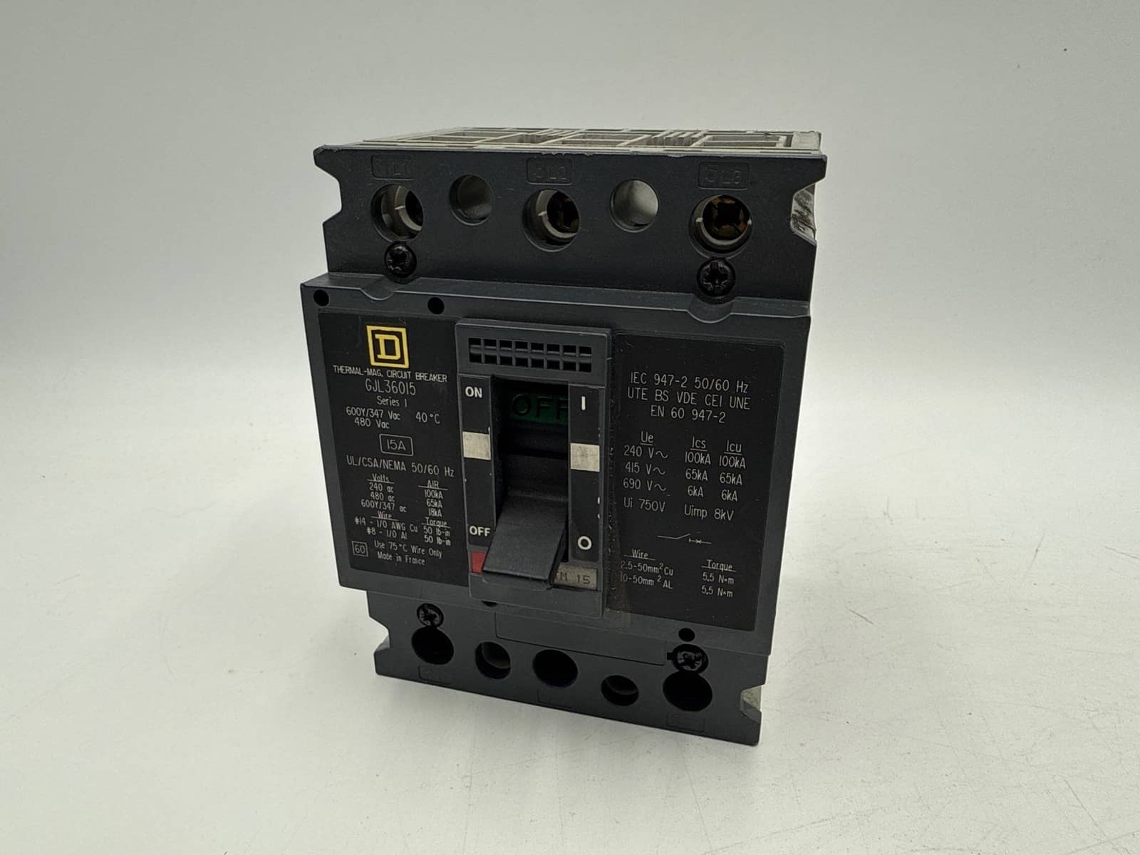 15 Amps, Square D #GJL36015, PowerPact Circuit Breaker, 3-Pole, 600 Volts