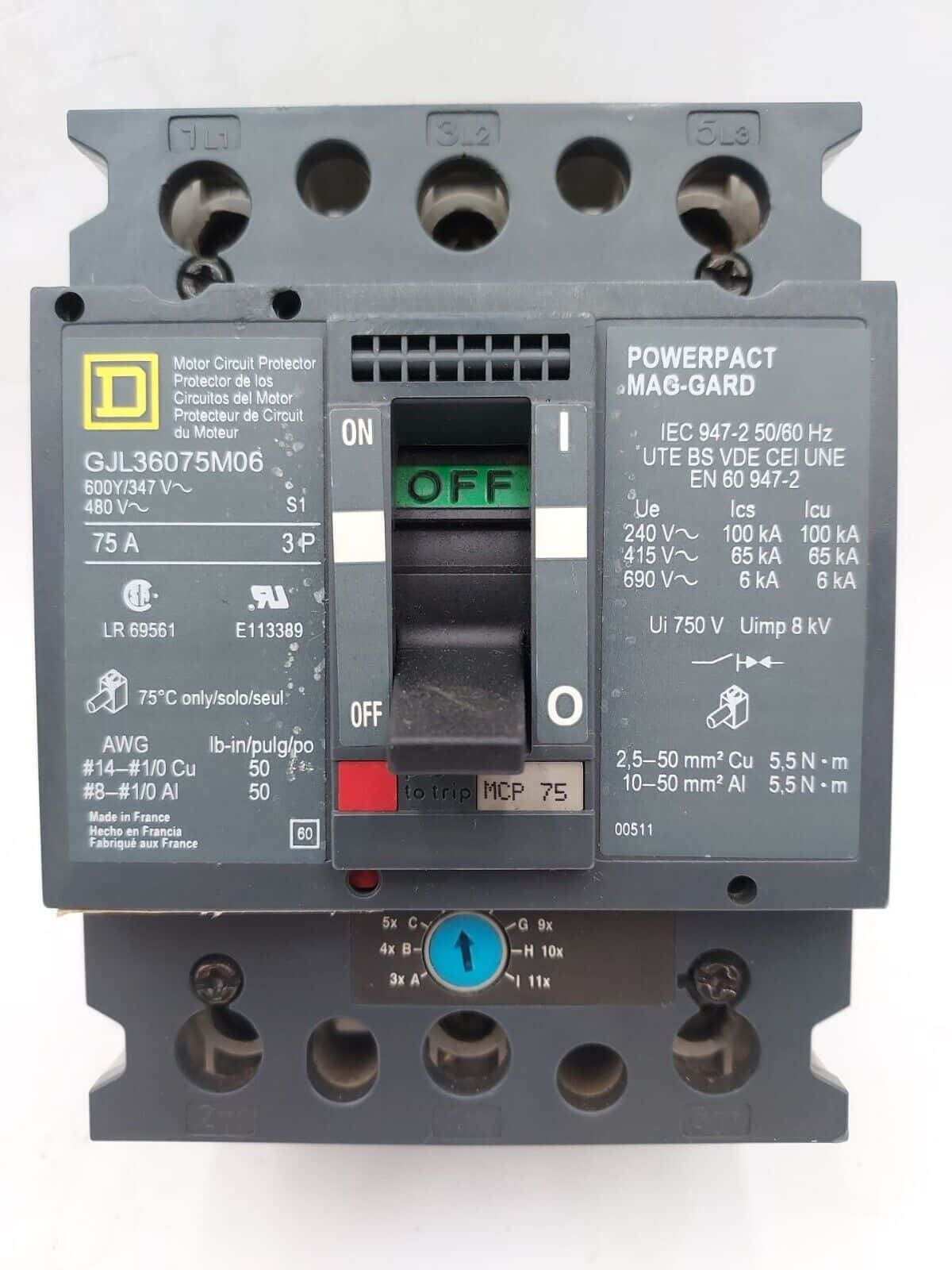 75 Amps, Square D #GJL36075M06, Circuit Breaker, 3-Pole, 600 Volts, Bolt-On