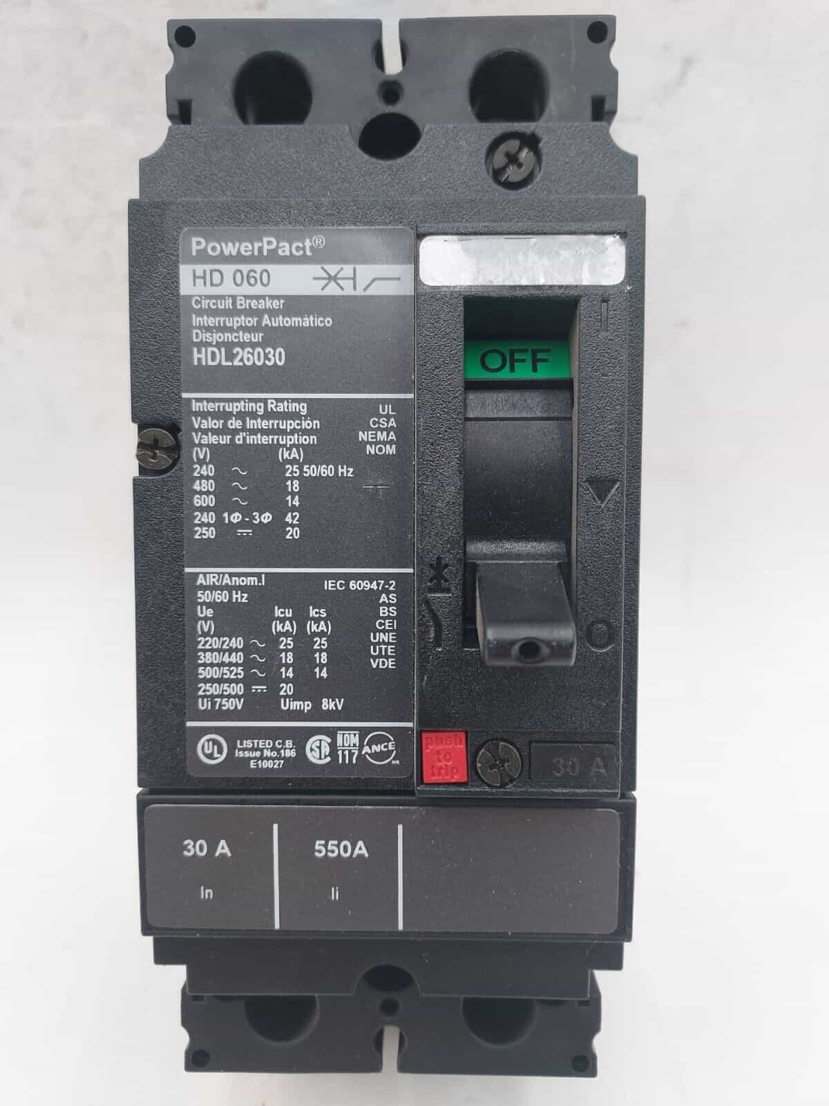 30 Amps, Square D #HDL26030, Circuit Breaker, 2-Pole, 600 Volts, Bolt-On