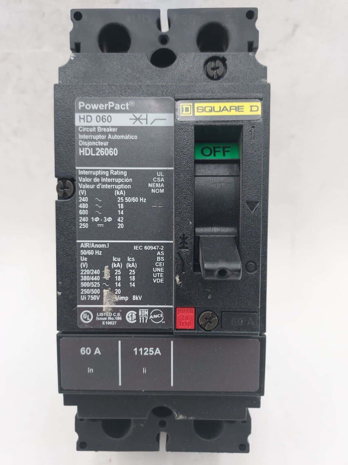 60 Amps, Square D #HDL26060, Circuit Breaker, 2-Pole, 600 Volts, Bolt-On