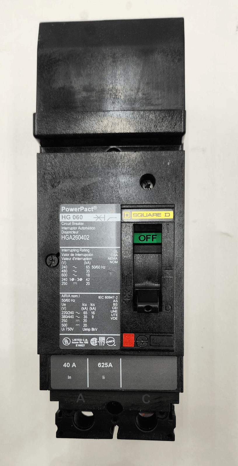 40 Amps, Square D #HGA260402, Circuit Breaker, 2-Pole, 600 Volts