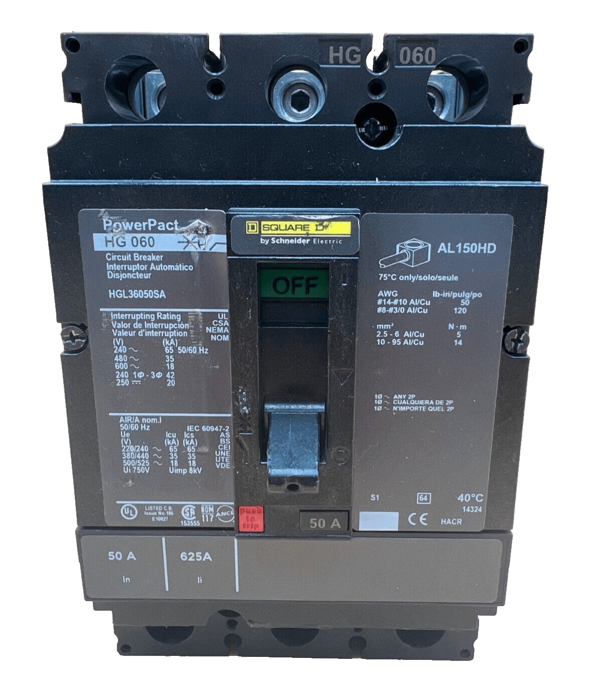 50 Amps, Square D #HGL36050SA, Circuit Breaker, 3-Pole, 600 Volts, Bolt-On