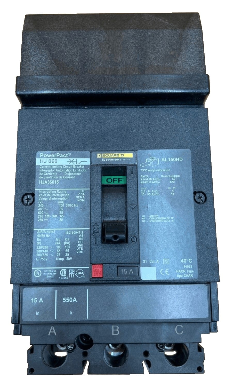 15 Amps, Square D #HJA36015, I-Line Circuit Breaker, 3-Pole, 600 Volts
