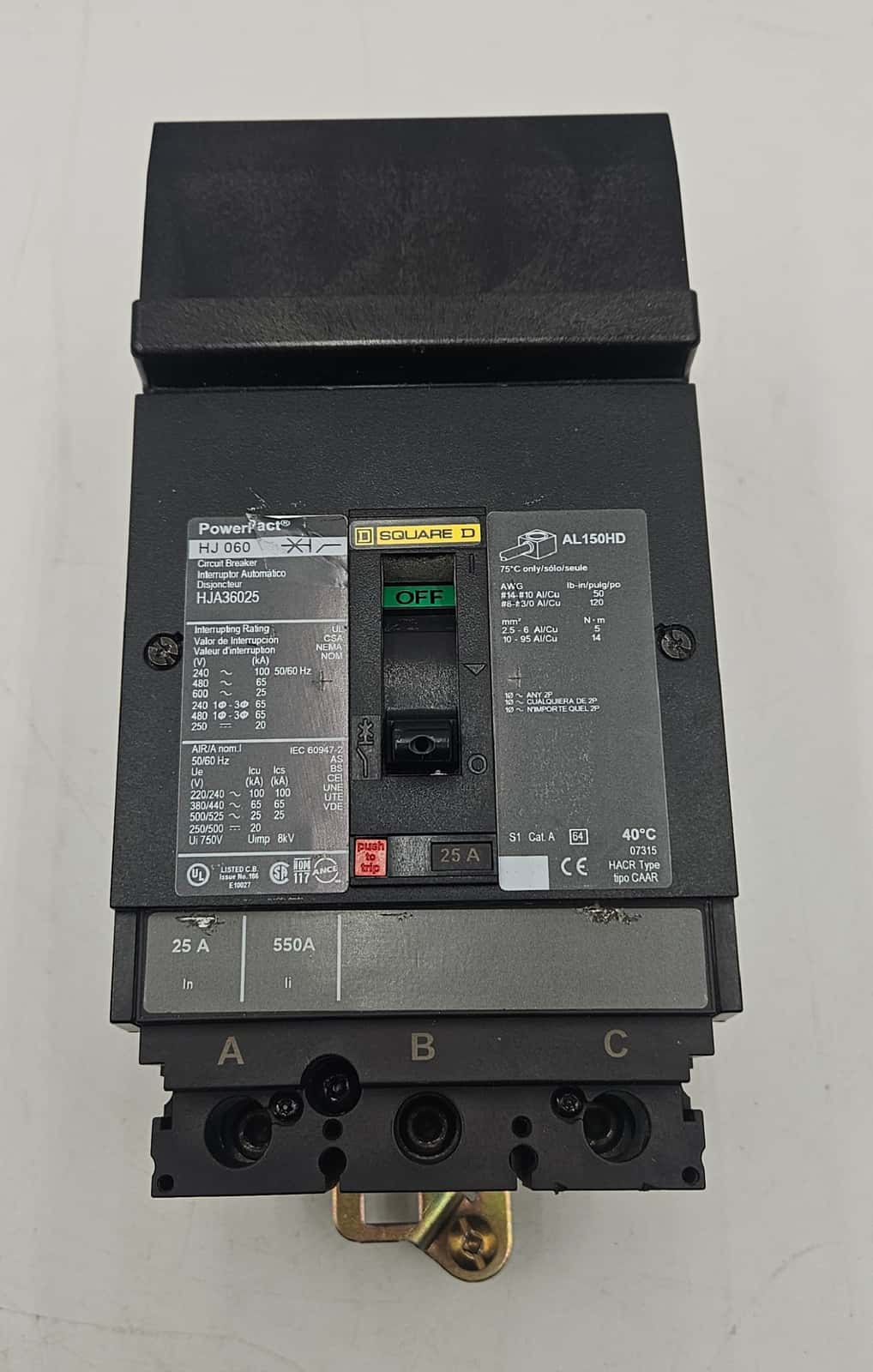 25 Amps, Square D #HJA36025, PowerPact I-Line Circuit Breaker, 3-Pole, 600 Volts