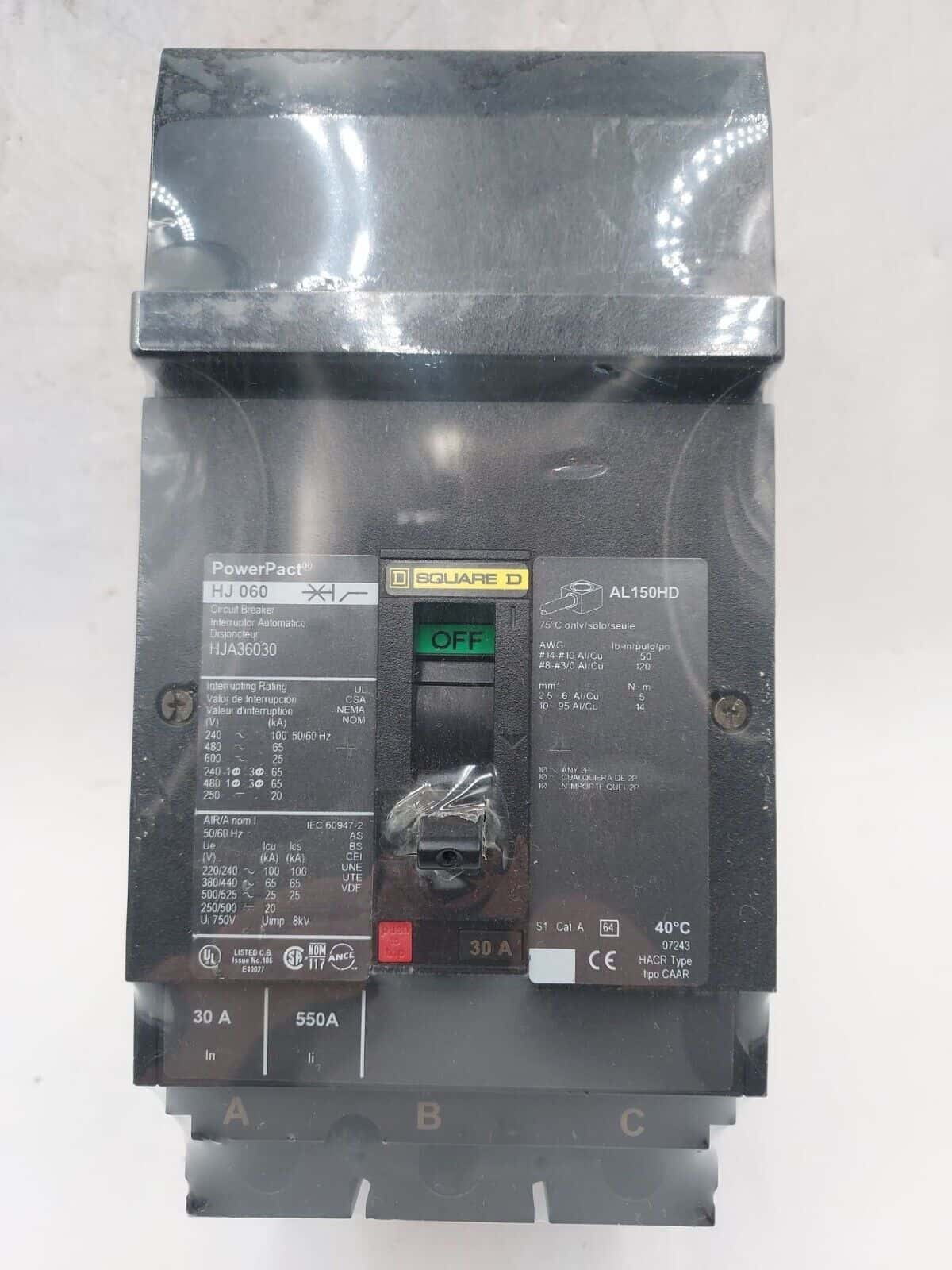 30 Amps, Square D #HJA36030, I-Line Circuit Breaker, 3-Pole, 600 Volts, NEW