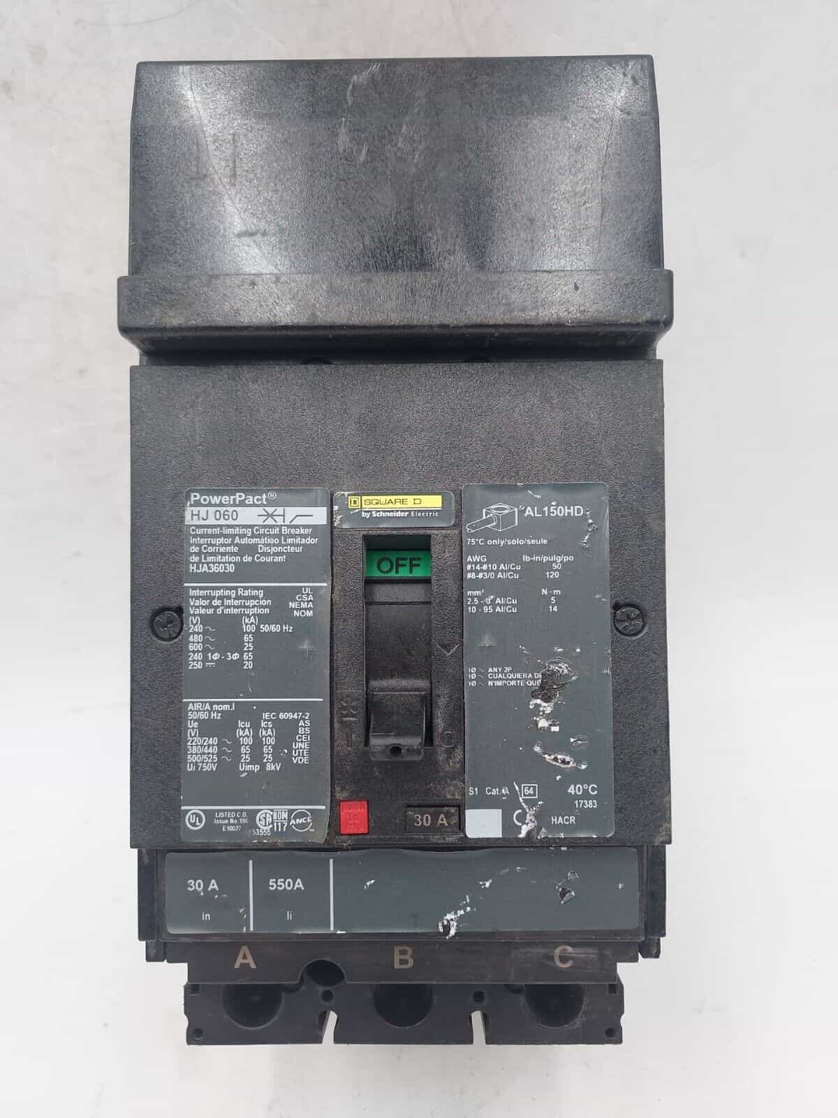 30 Amps, Square D #HJA36030, I-Line Circuit Breaker, 3-Pole, 600 Volts