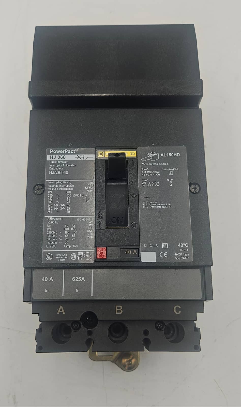 40 Amps, Square D #HJA36040, PowerPact I-Line Circuit Breaker, 3-Pole, 600 Volts