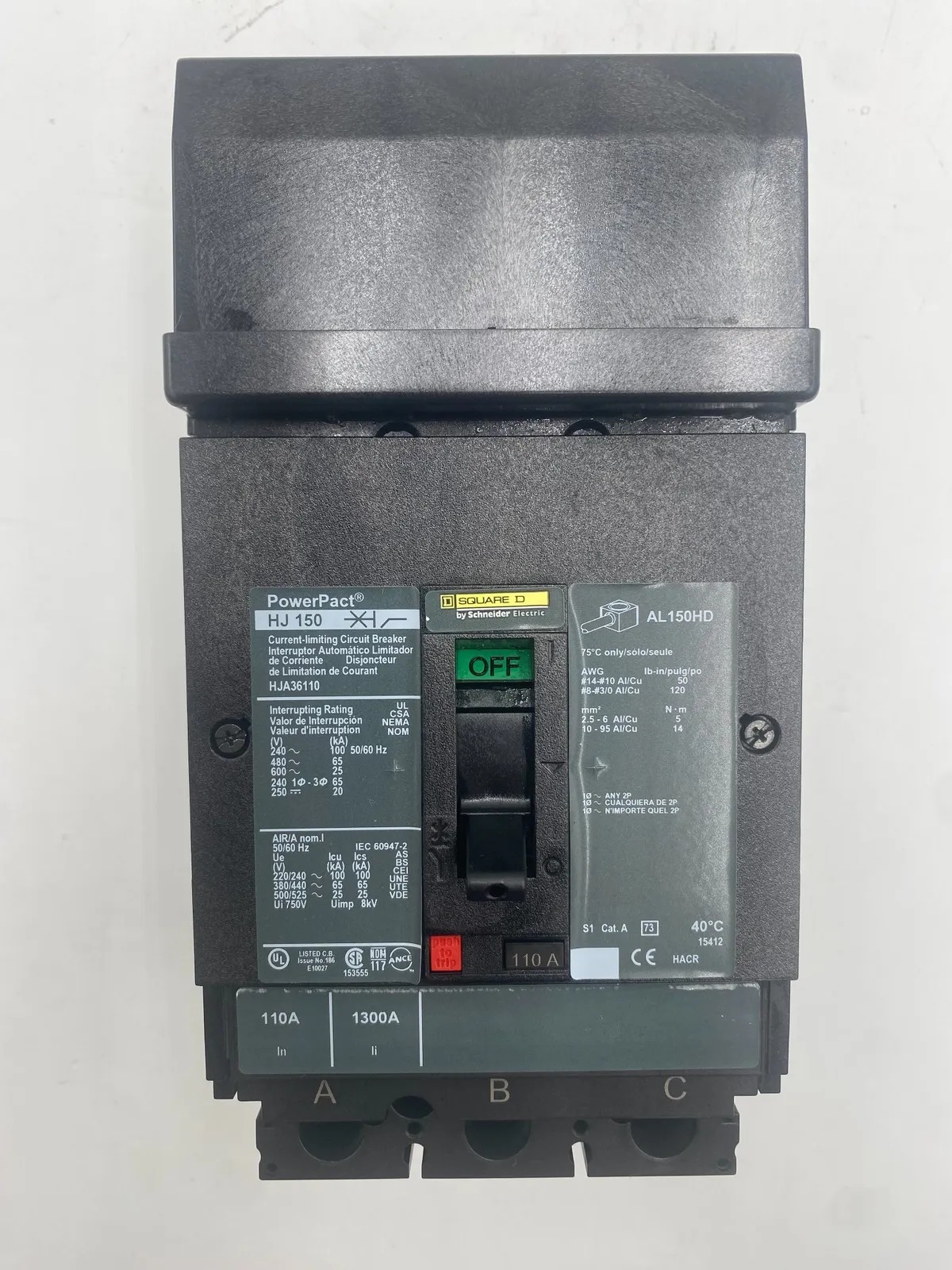 110 Amps, Square D #HJA36110, Circuit Breaker, 3-Pole, 600 Volts