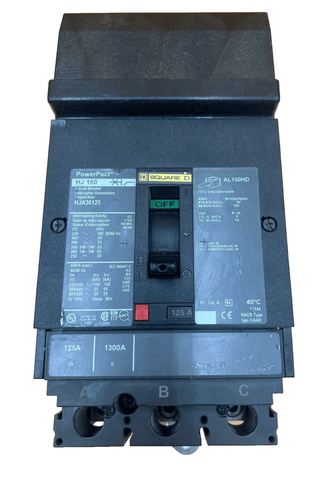 125 Amps, Square D #HJA36125, I-Line Circuit Breaker, 3-Pole, 600 Volts