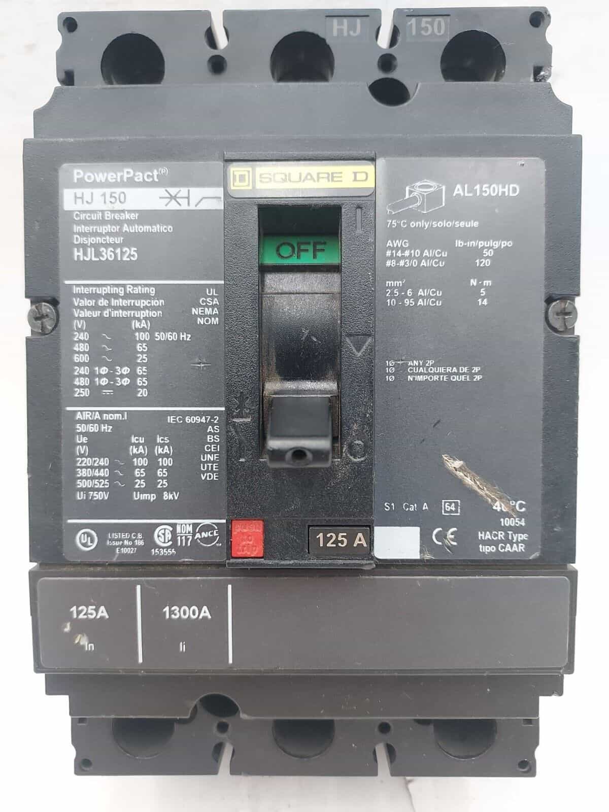 125 Amps, Square D #HJL36125, Circuit Breaker, 3-Pole, 600 Volts, Bolt-On