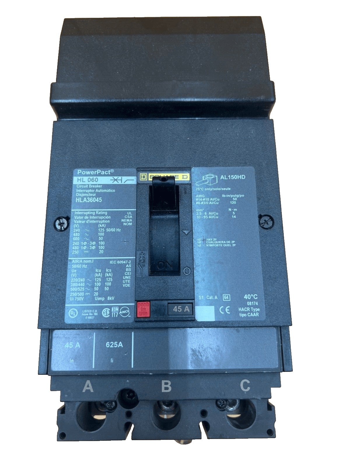 45 Amps, Square D #HLA36045, I-Line Circuit Breaker, 3-Pole, 600 Volts