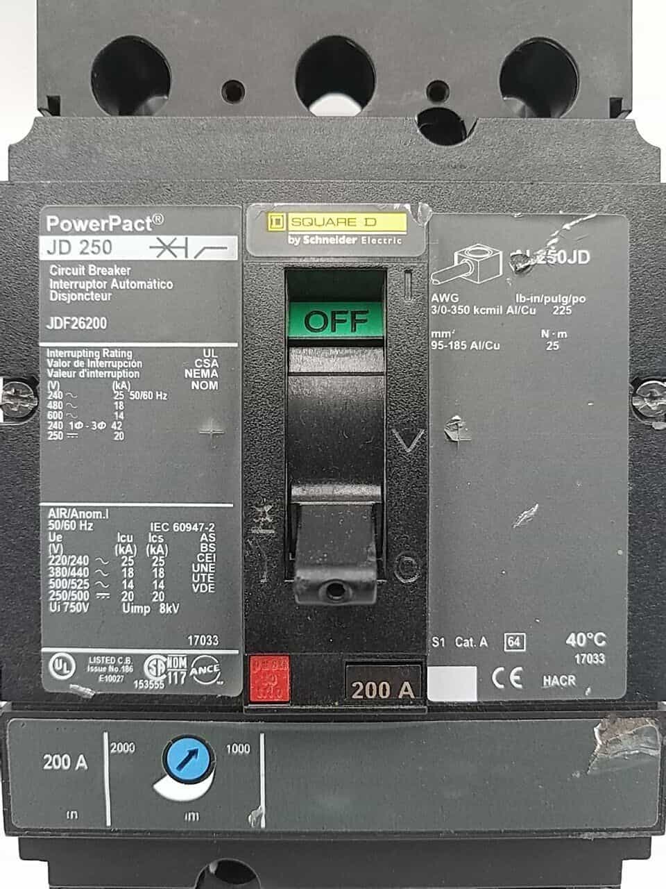 200 Amps, Square D #JDF26200, PowerPact Circuit Breaker, 2-Pole, 600 Volts, Bolt-On