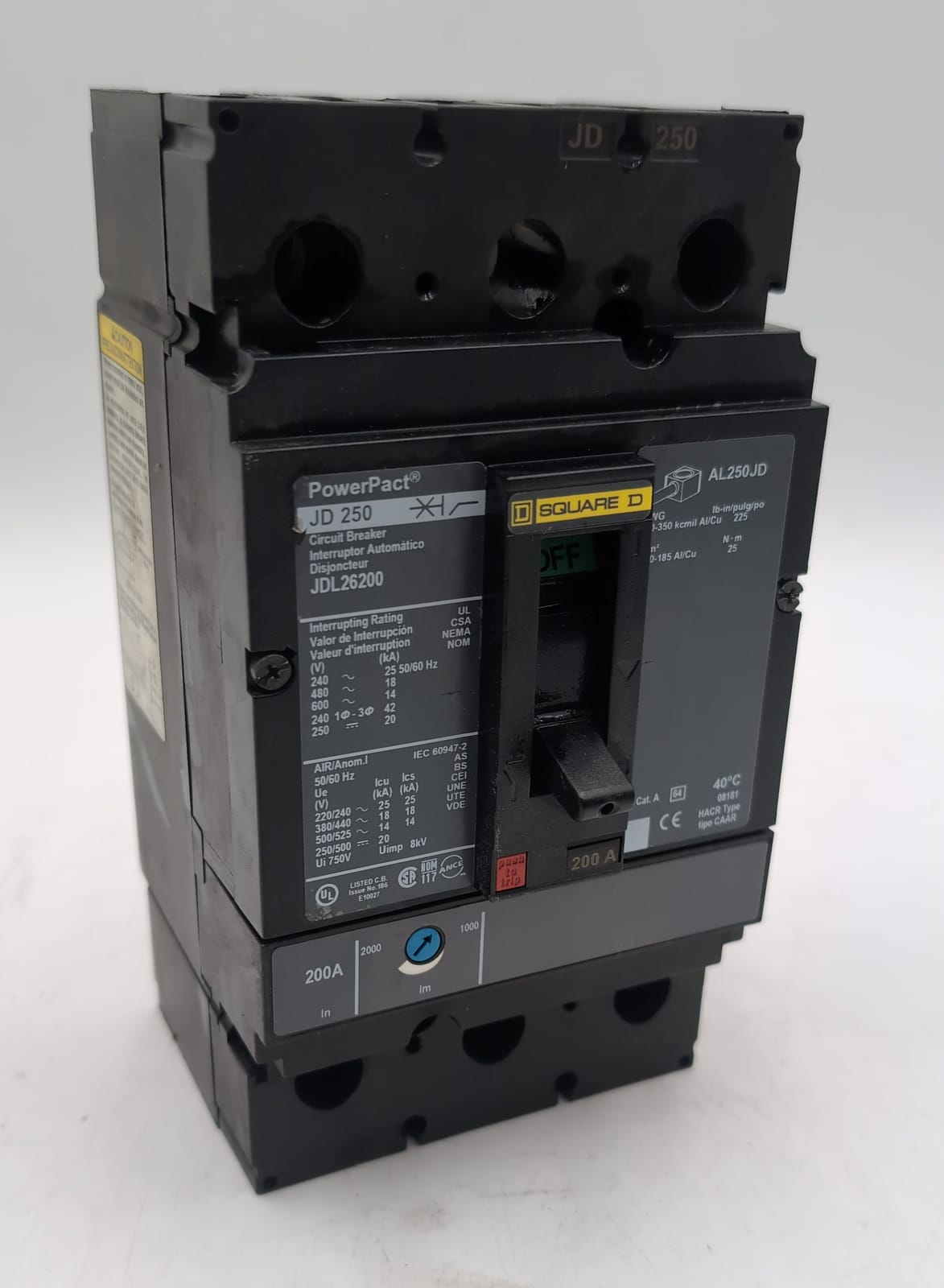 200 Amps, Square D #JDL26200, PowerPact Circuit Breaker, 2-Pole, 600 Volts, 18kA