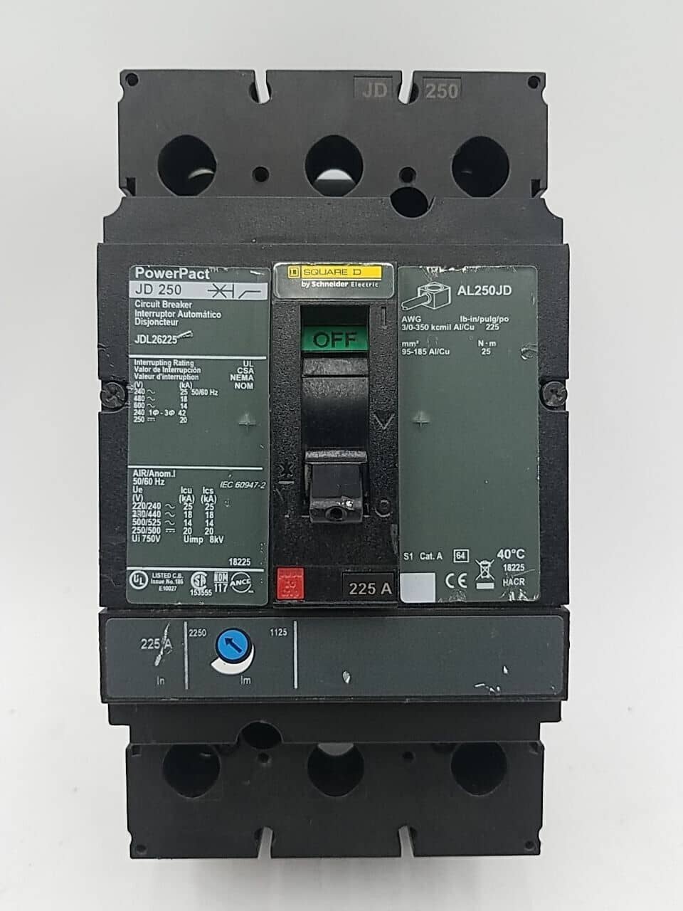 225 Amps, Square D #JDL26225, Circuit Breaker, 2-Pole, 600 Volts, Bolt-On