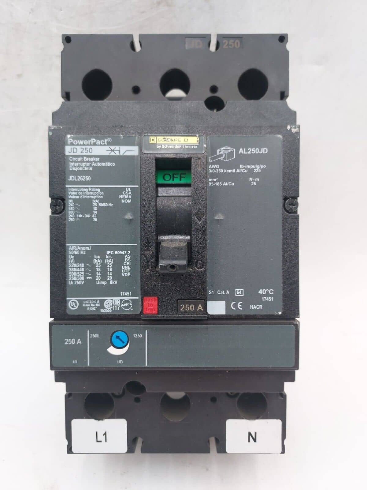 250 Amps, Square D #JDL26250, Circuit Breaker, 2-Pole, 600 Volts, Bolt-On