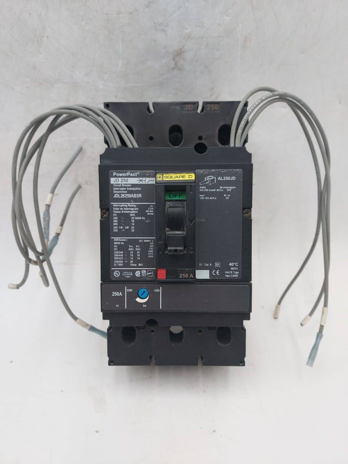 250 Amps, Square D #JDL26250ABSR, Circuit Breaker, 2-Pole, 600 Volts, Bolt-On