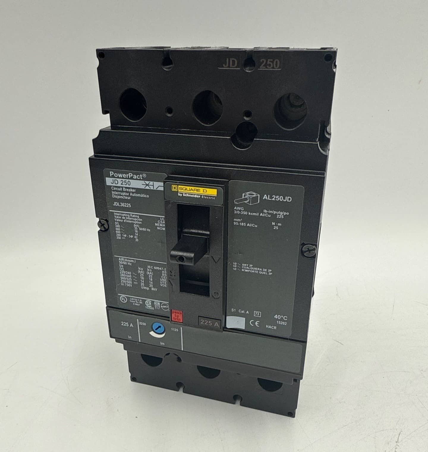 225 Amps, Square D #JDL36225, Circuit Breaker, 3-Pole, 600 Volts, NEW