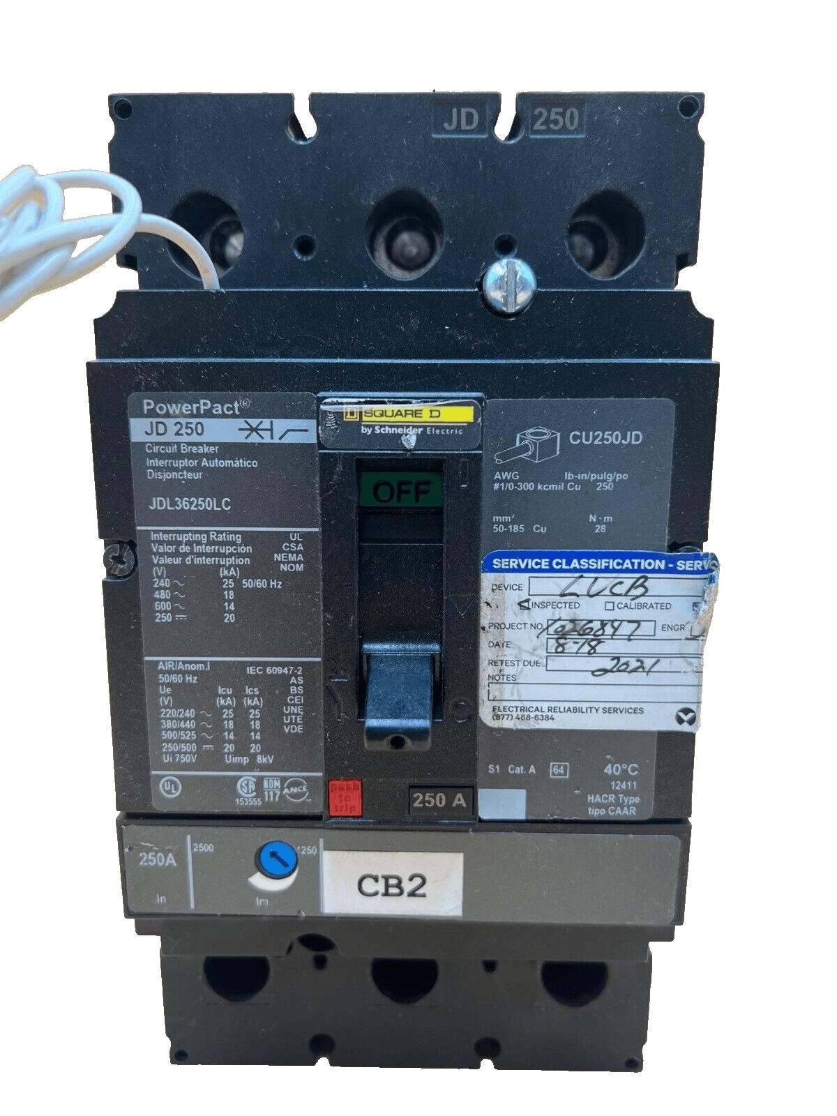 250 Amps, Square D #JDL36250LC, Circuit Breaker, 3-Pole, 600 Volts, Lug to Lug
