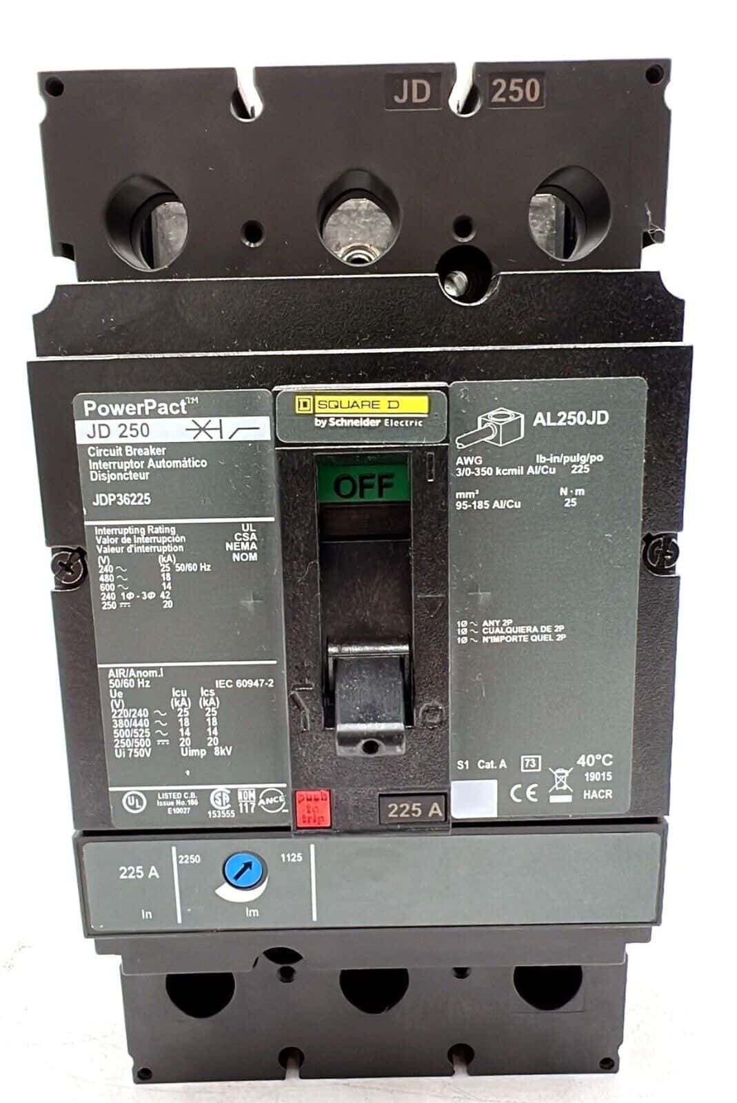 225 Amps, Square D #JDP36225, Circuit Breaker, 3-Pole, 600 Volts, Bolt-On