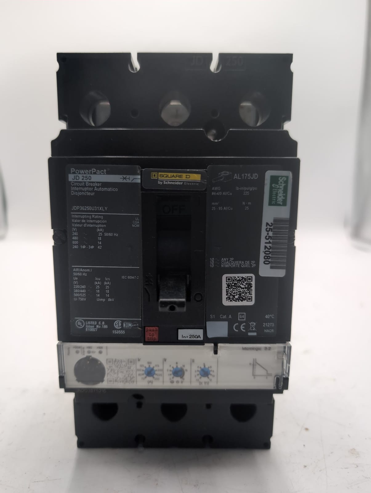 250 Amps, Square D #JDP36250U31XLY, Circuit Breaker, 3-Pole, 600 Volts