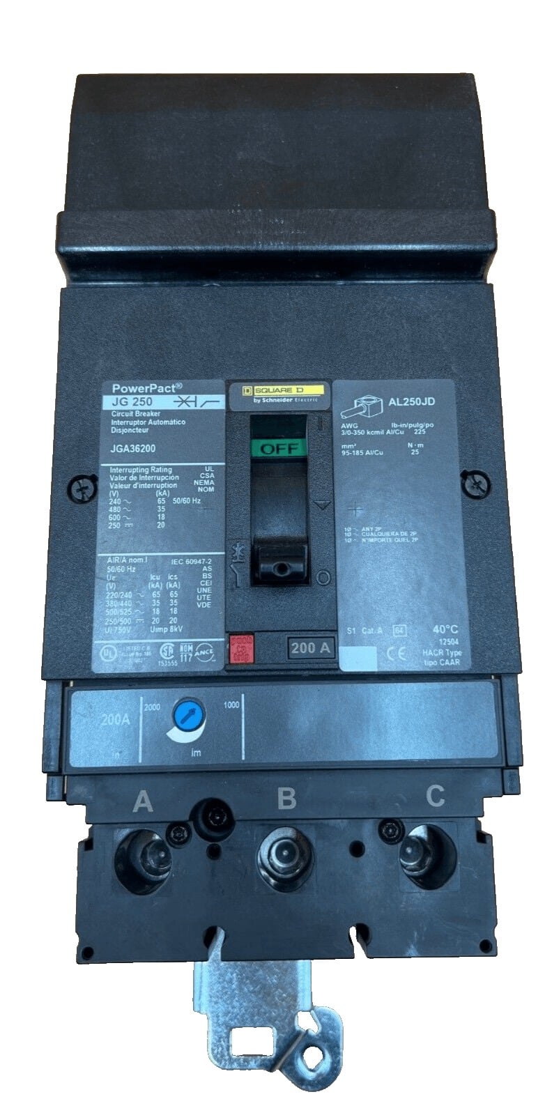 200 Amps, Square D #JGA36200, I-Line Circuit Breaker, 3-Pole, 600 Volts