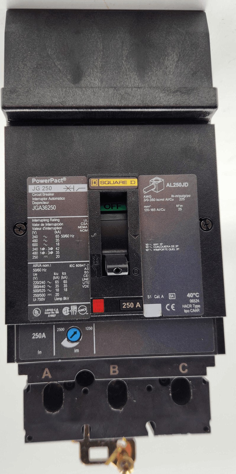 250 Amps, Square D #JGA36250, Circuit Breaker, 3-Pole, 600 Volts