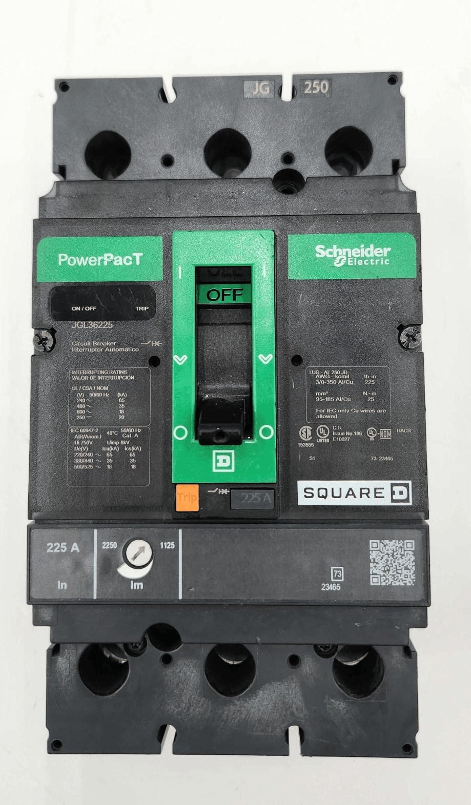 225 Amps, Square D #JGL36225, Circuit Breaker, 3-Pole, 600 Volts