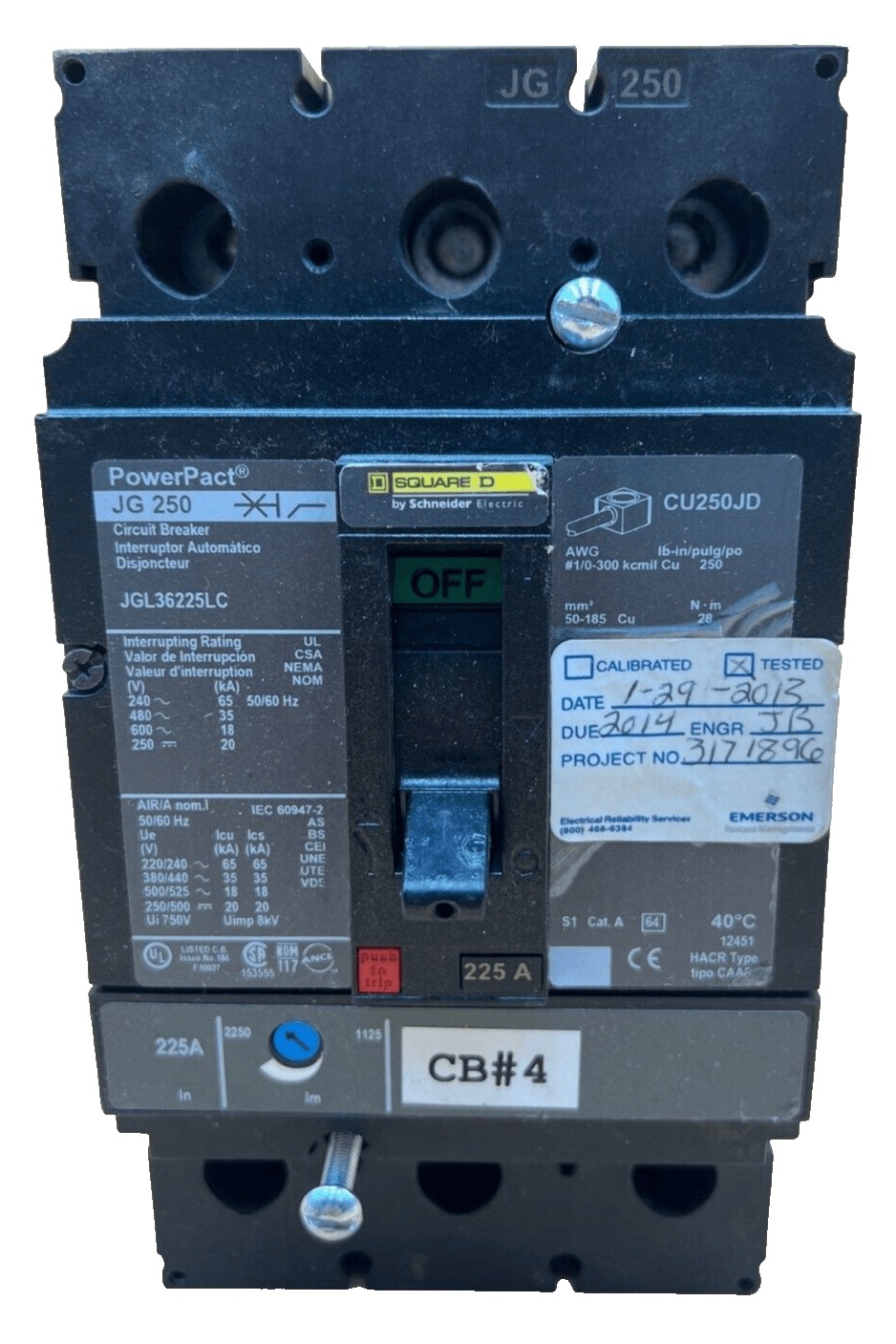 225 Amps, Square D #JGL36225LC, Circuit Breaker, 3-Pole, 600 Volts, Lug to Lug