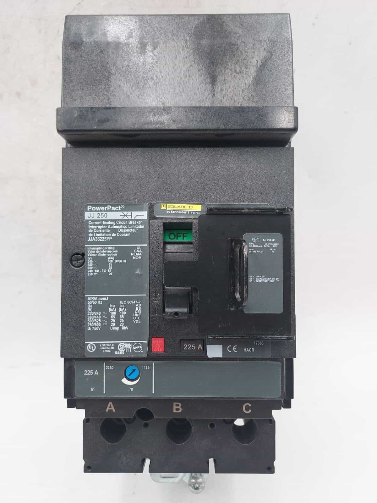 225 Amps, Square D #JJA36225YP, I-Line Circuit Breaker, 3-Pole, 600 Volts